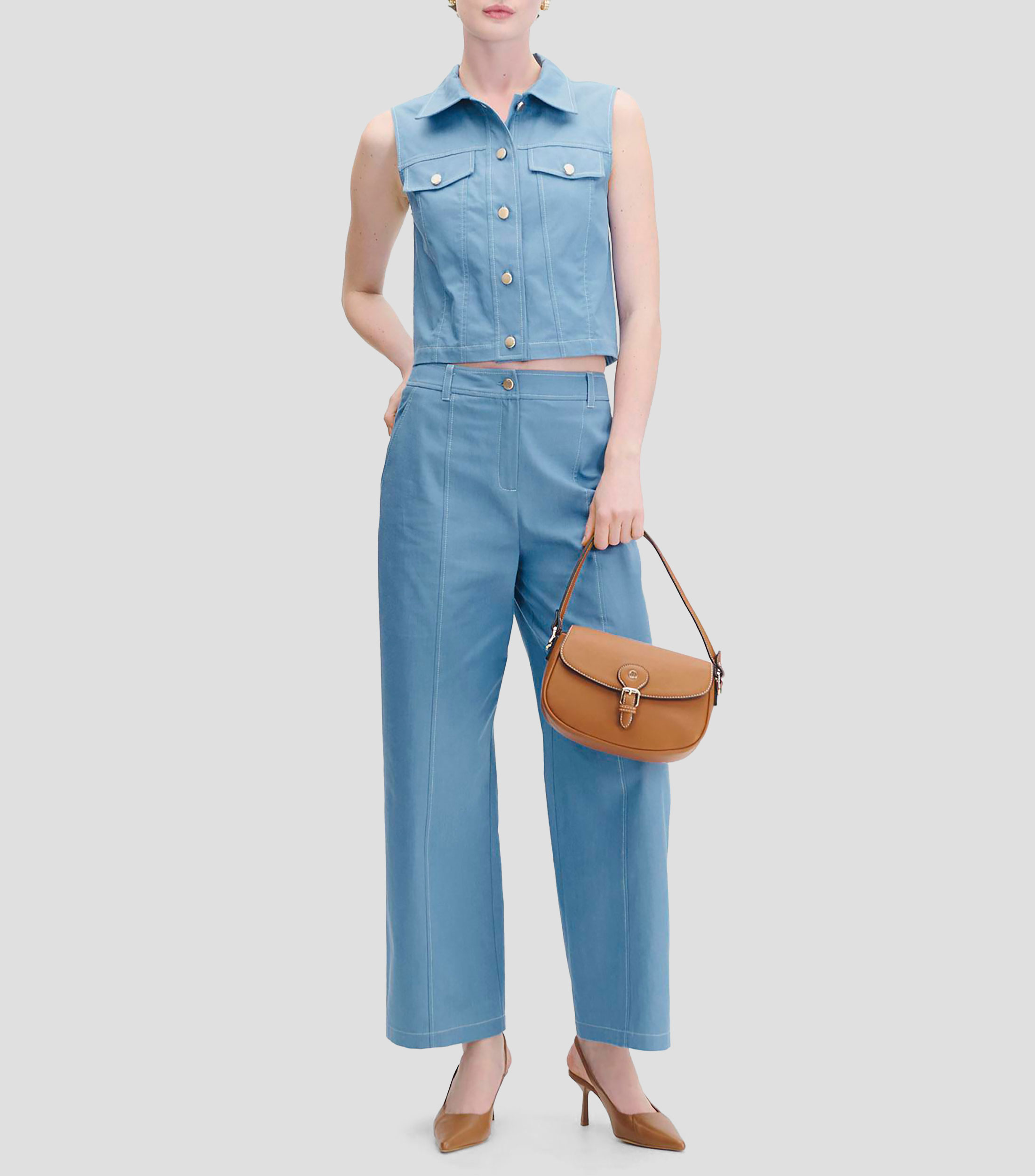 Blusa Azul Aura Pespuntes en Contraste Tipo Denim Mujer