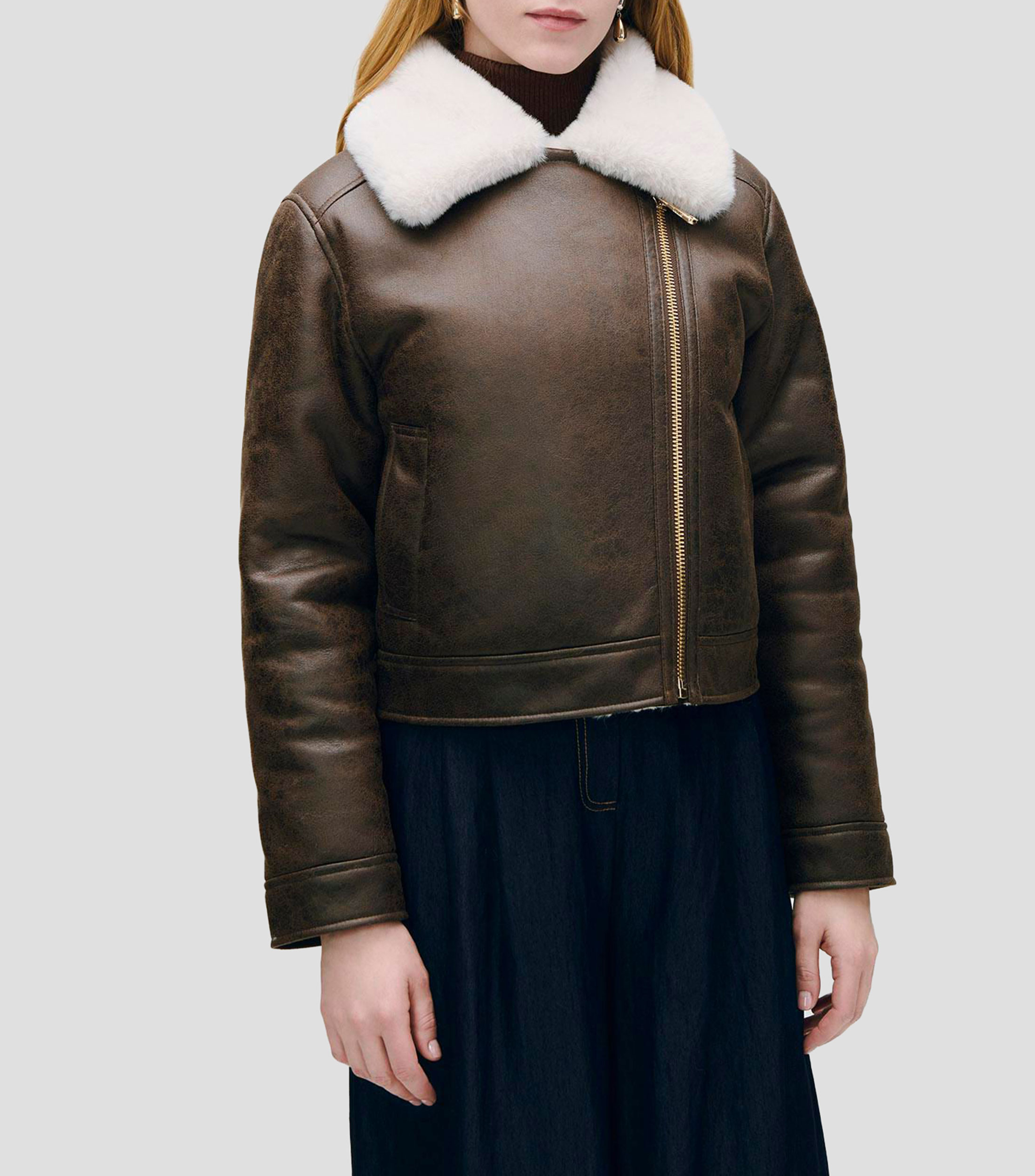Chamarra Tipo Aviador Chocolate Suede Craquelado Con Pelo Mujer
