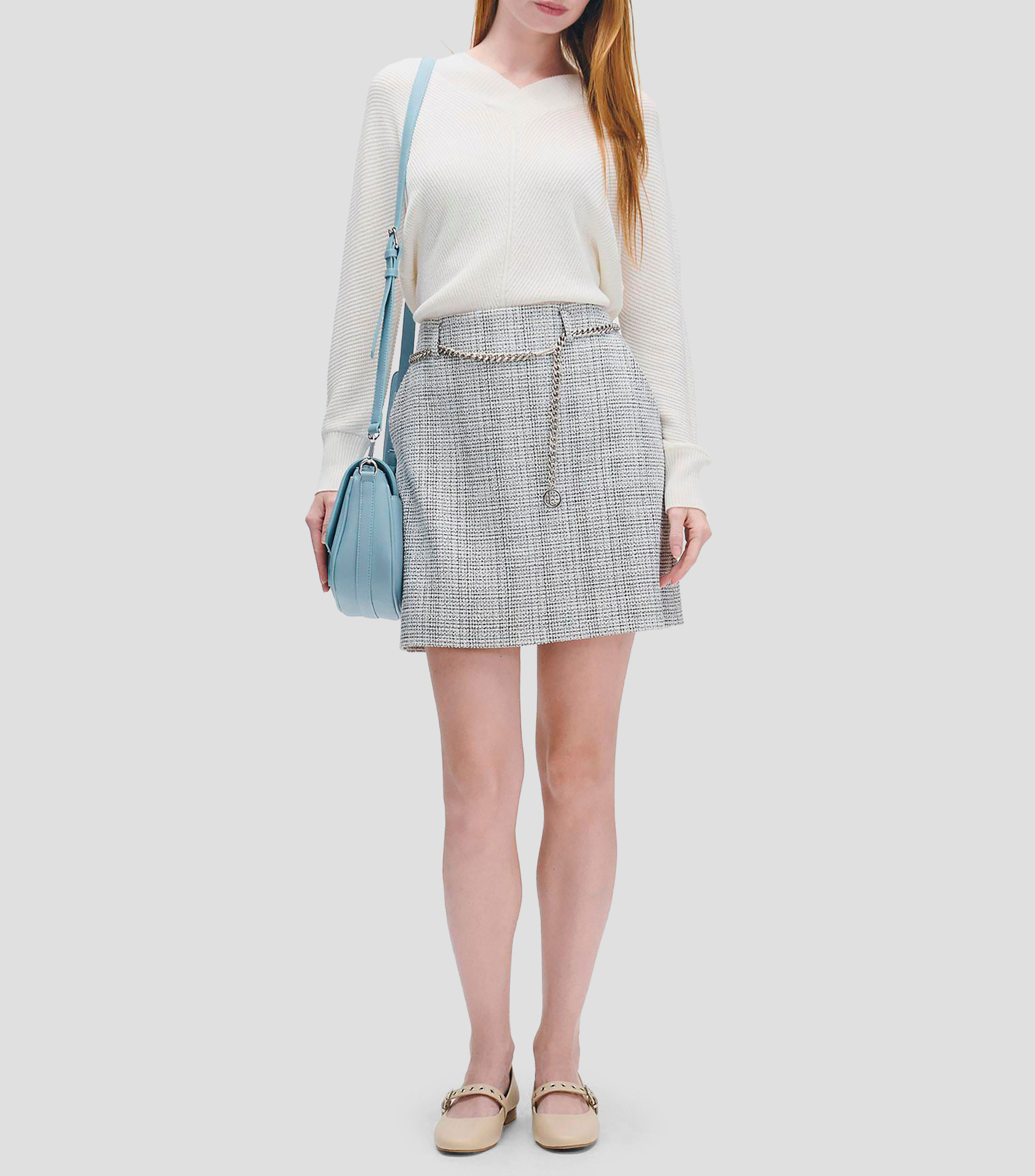 Mini Falda de Tweed Blanco y Negro con Cadena Mujer