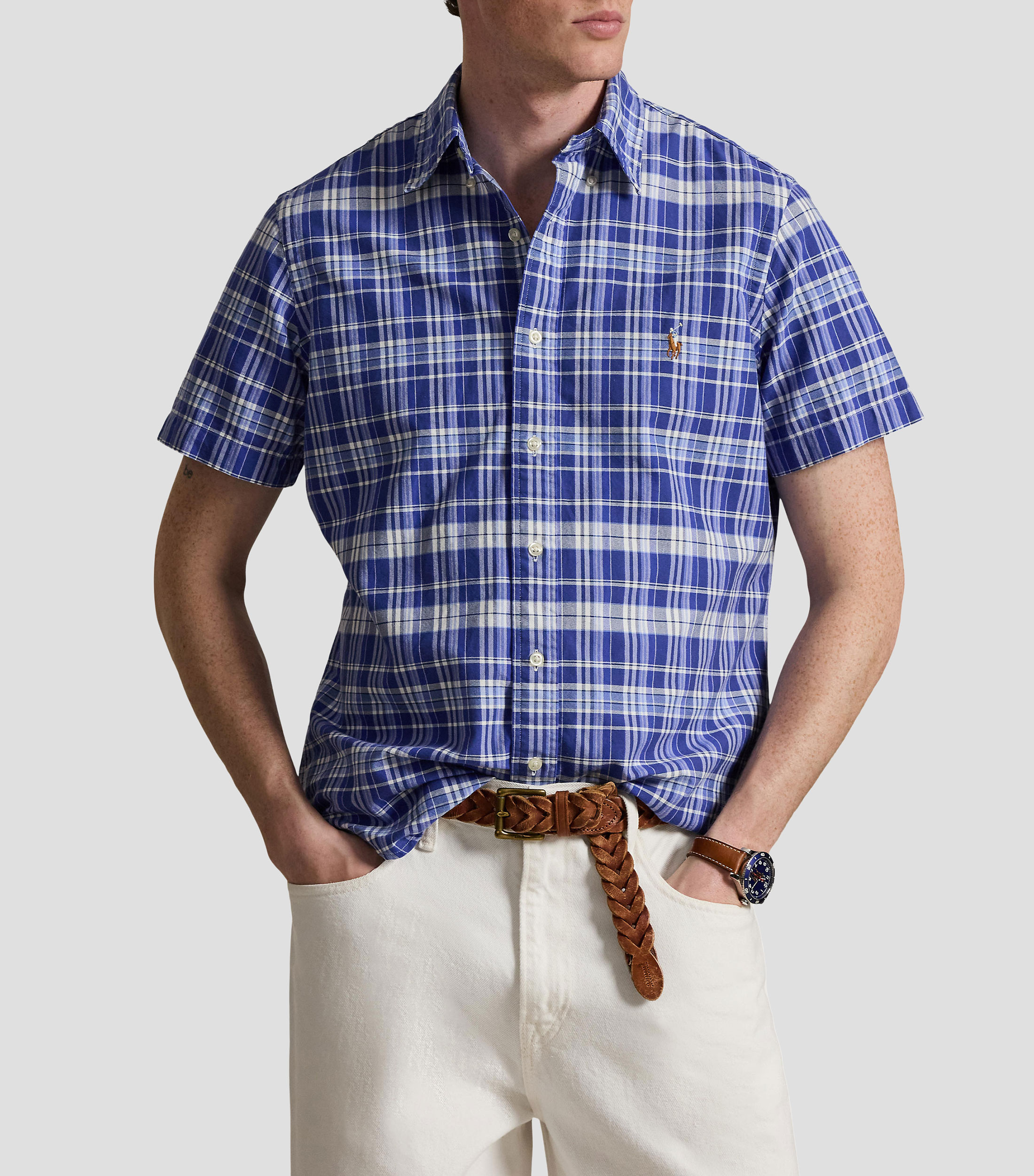 Camisa Oxford cuadros manga corta Hombre