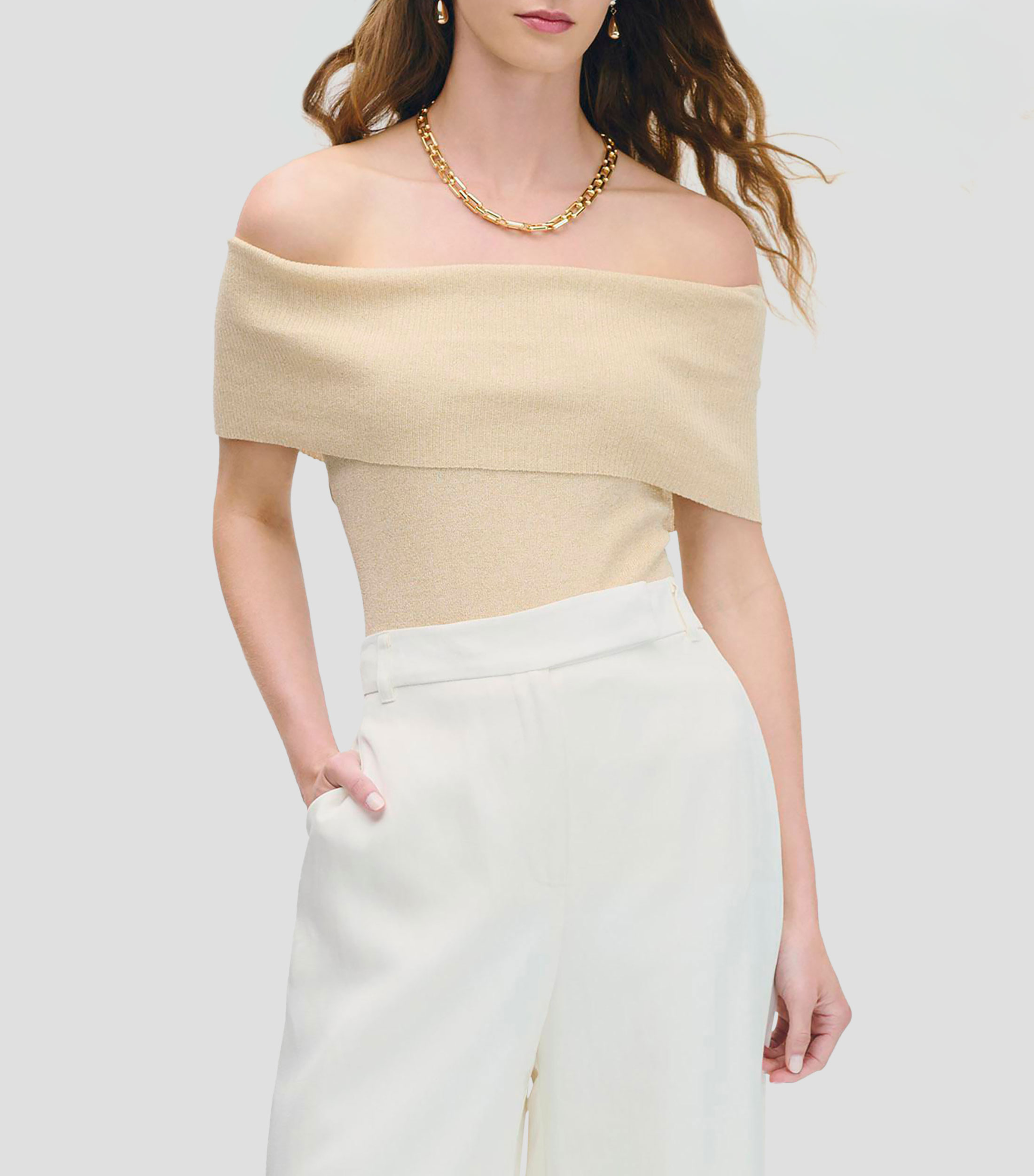 Blusa de punto escote bardot champagne con lúrex Mujer