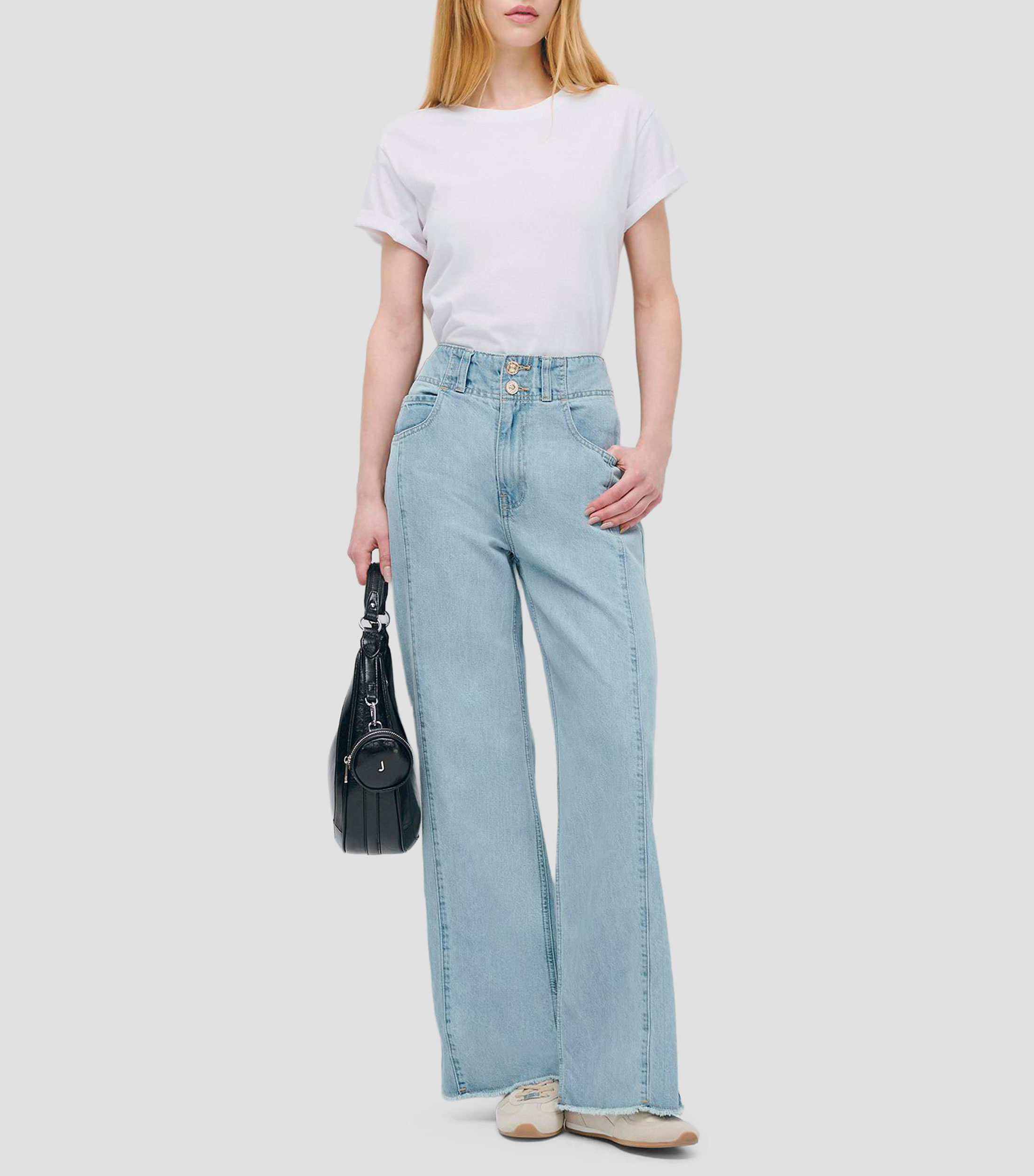 Jeans Wide Leg Tiro Alto Azul Claro Doble Pretina Deshilado Mujer