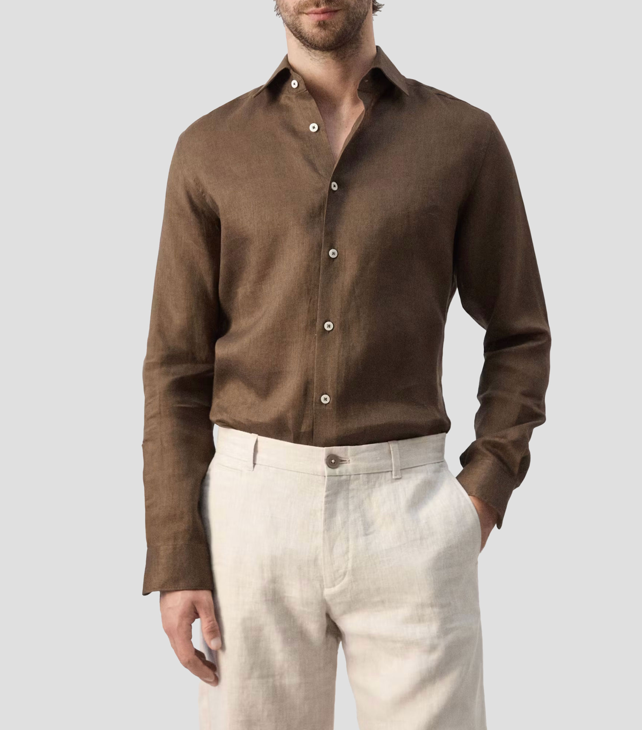 Camisa jaspeada de lino manga larga Hombre