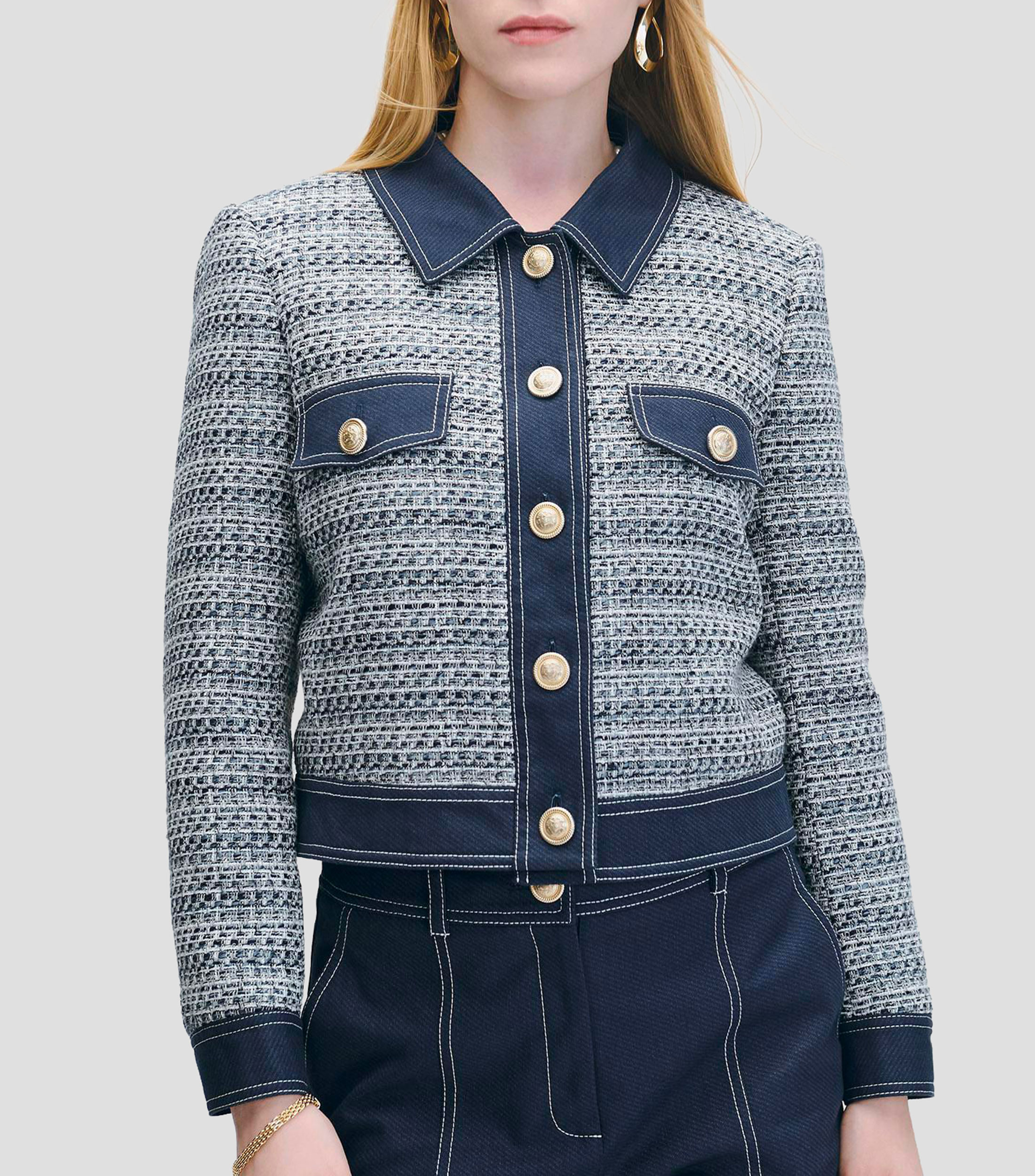 Chaqueta Corta De Tweed Índigo Con Lúrex Detalles Tipo Denim Mujer