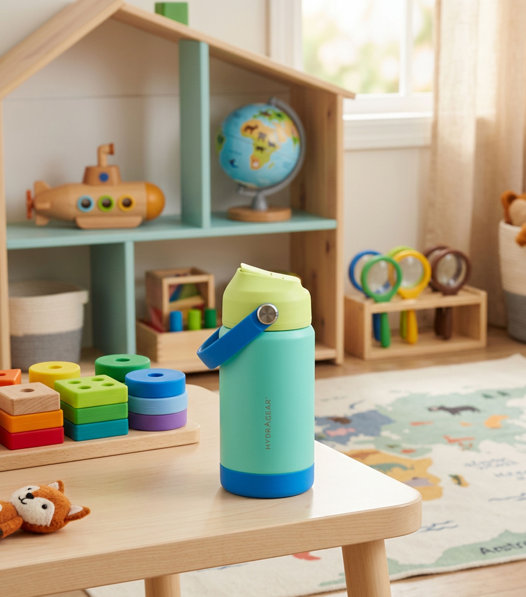Termo azul en acero inoxidable con popote, 355 ml