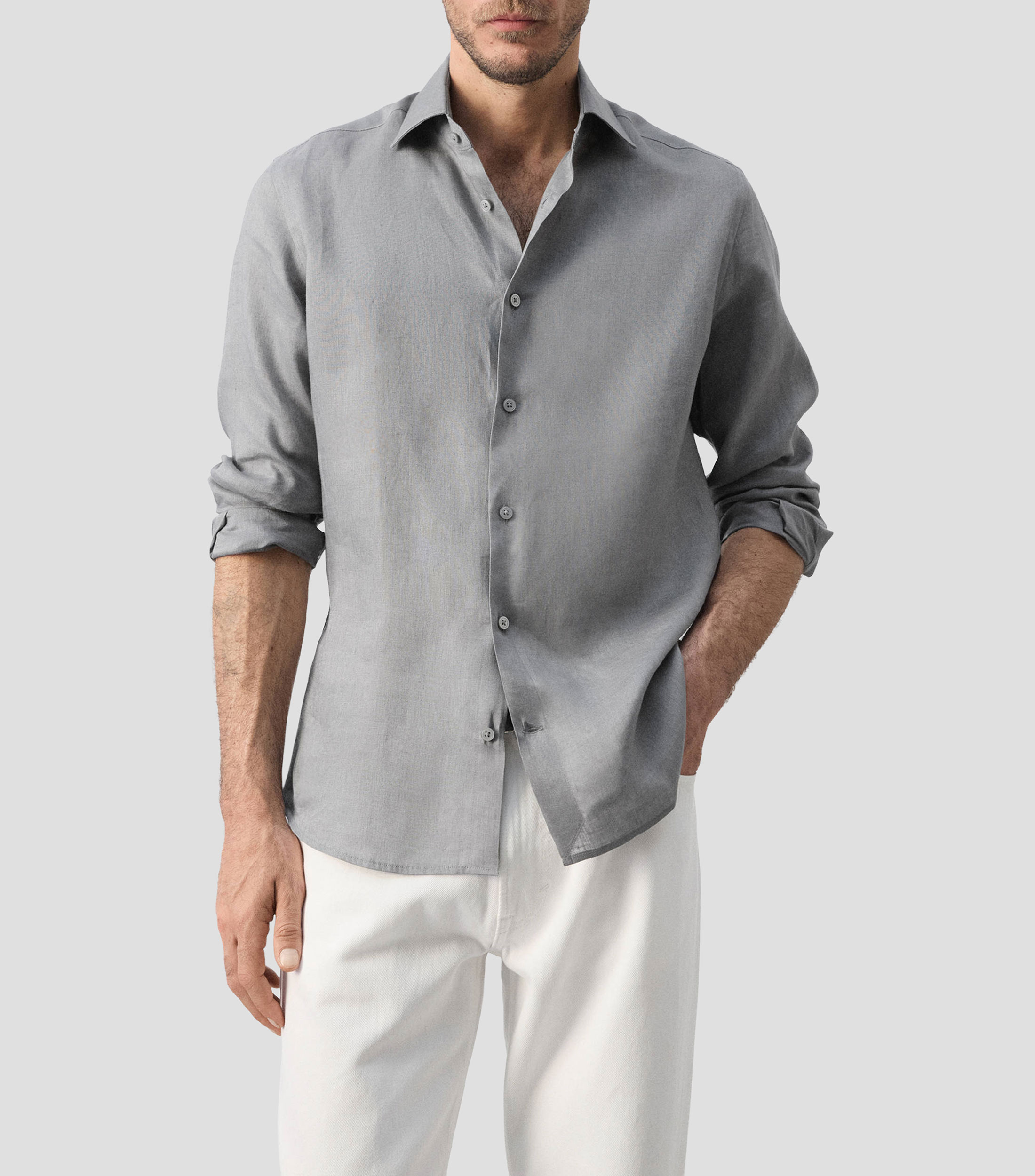 Camisa lisa de lino manga larga Hombre