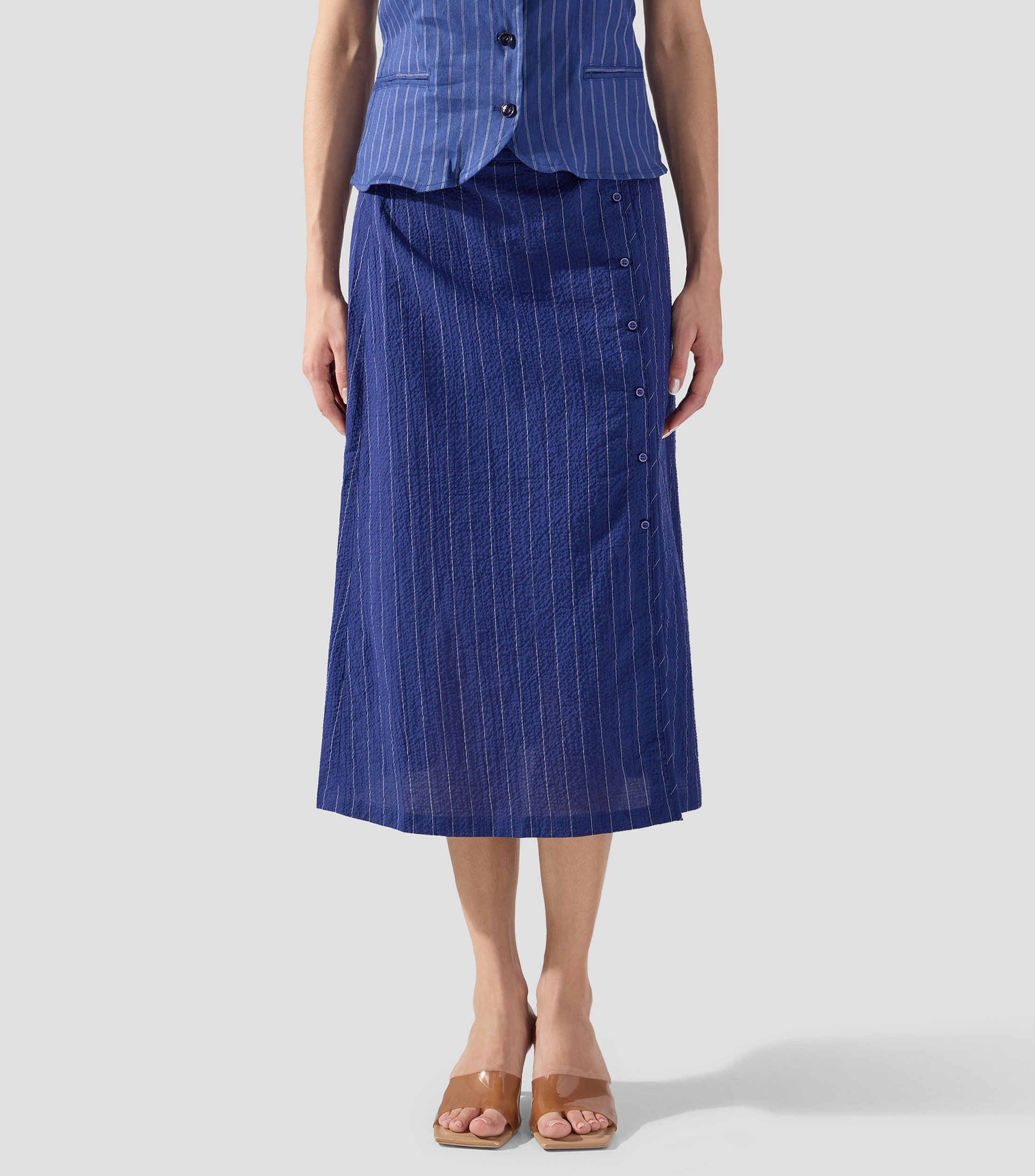 Falda midi de corte recto con rayas Mujer