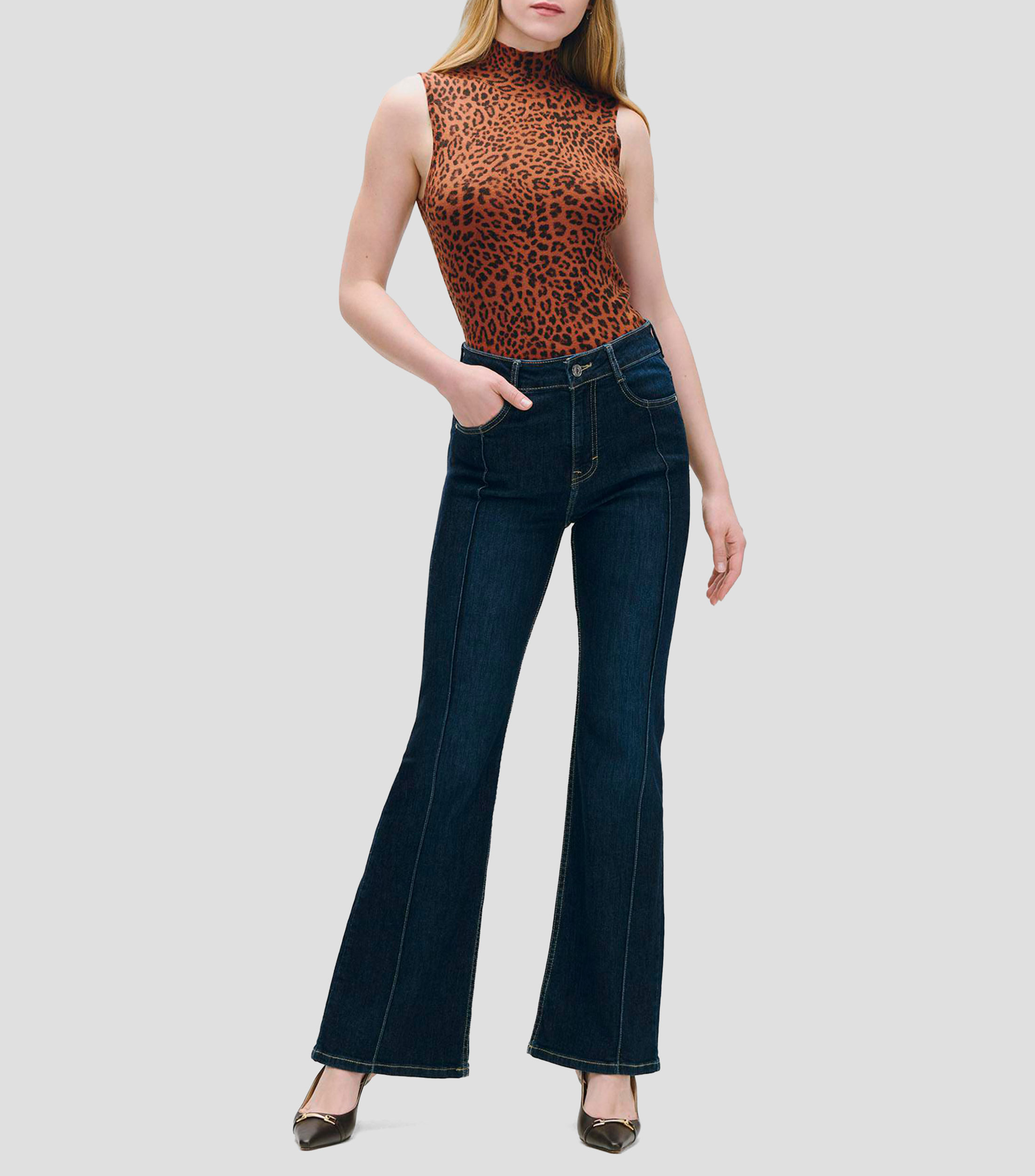Top Tejido De Punto Animal Print Ocre Cuello Perkins Mujer