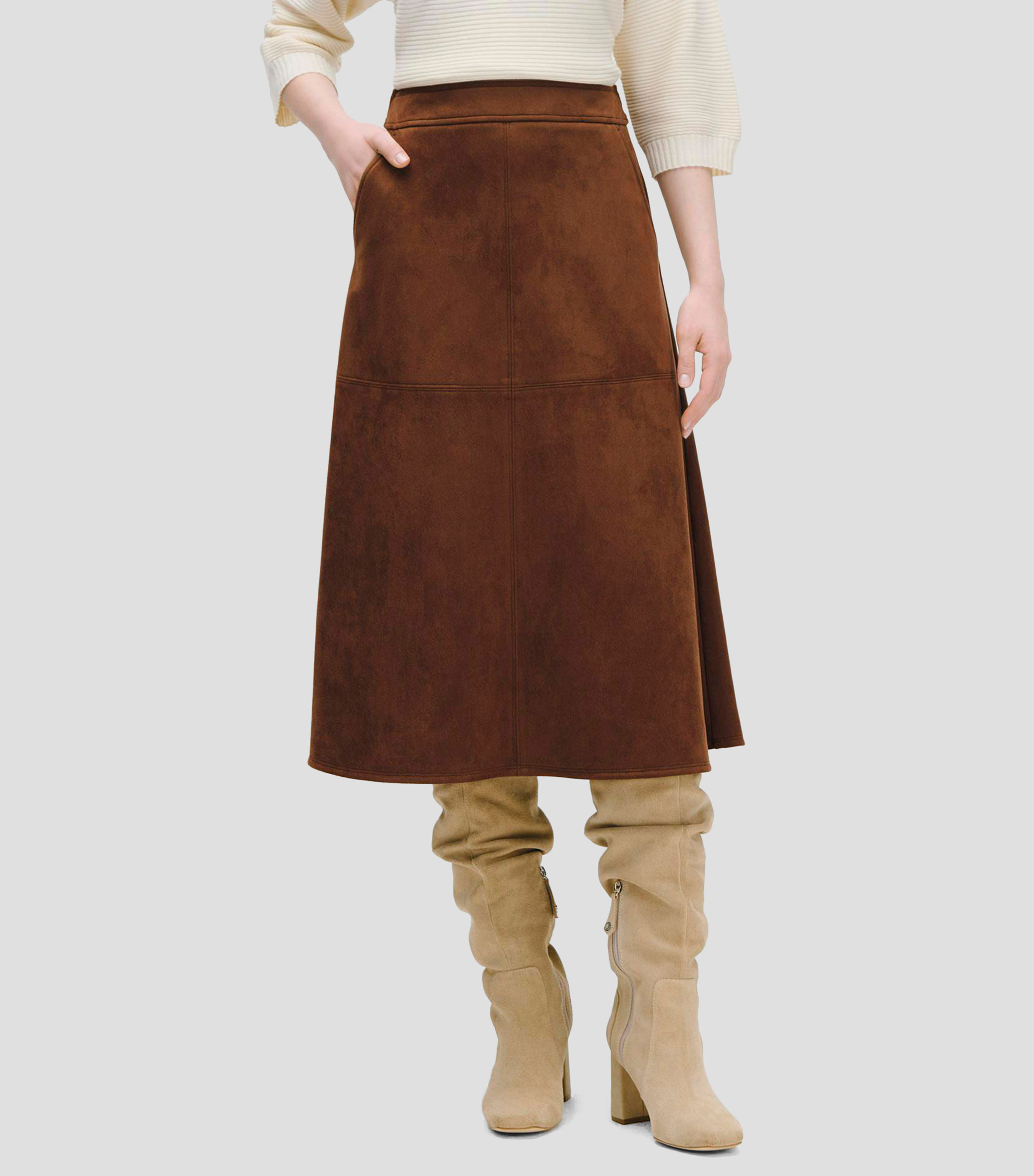 Falda Midi Línea A De Suede Chocolate Con Amarre Mujer
