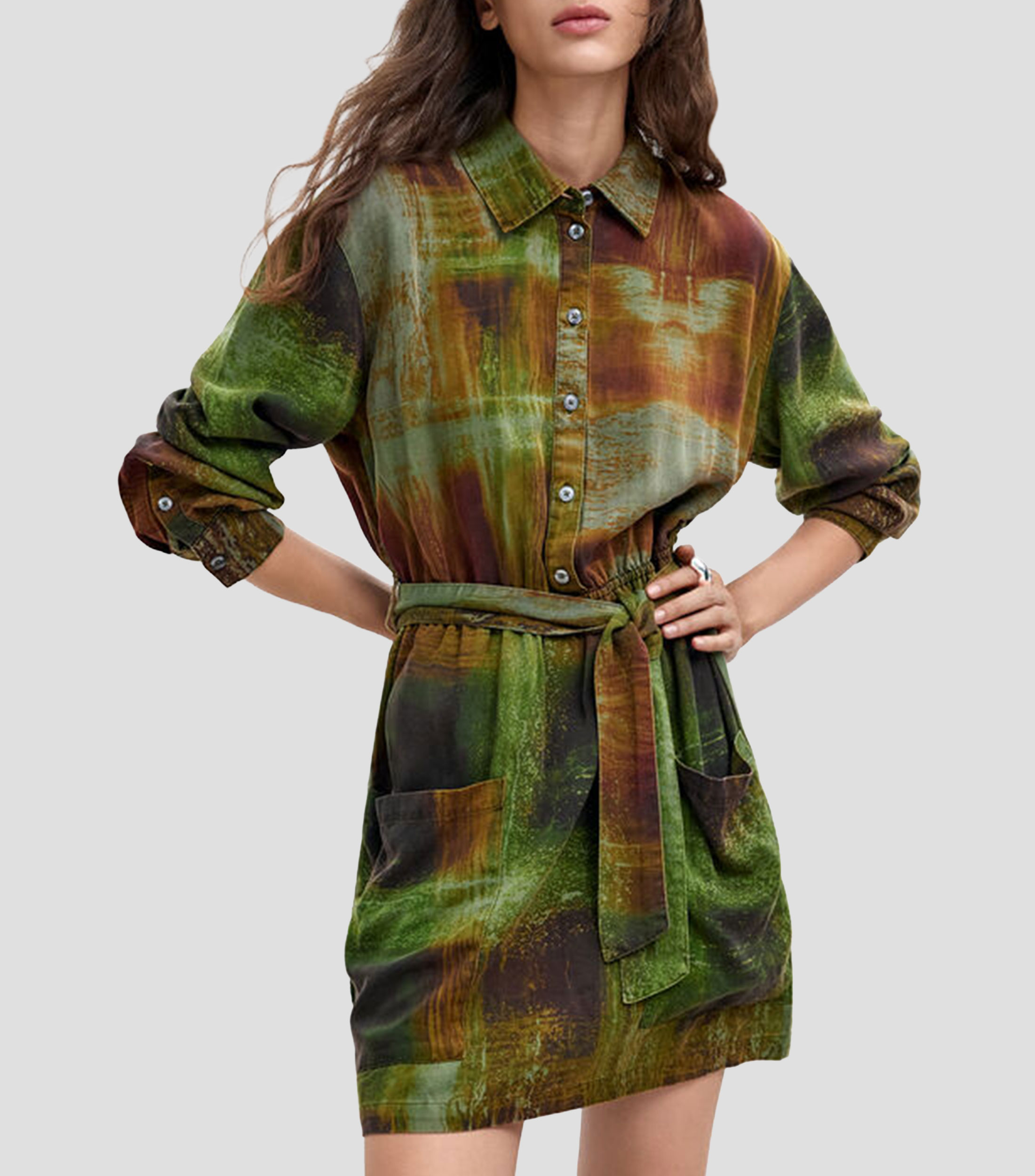 Vestido midi manga larga estampado Mujer