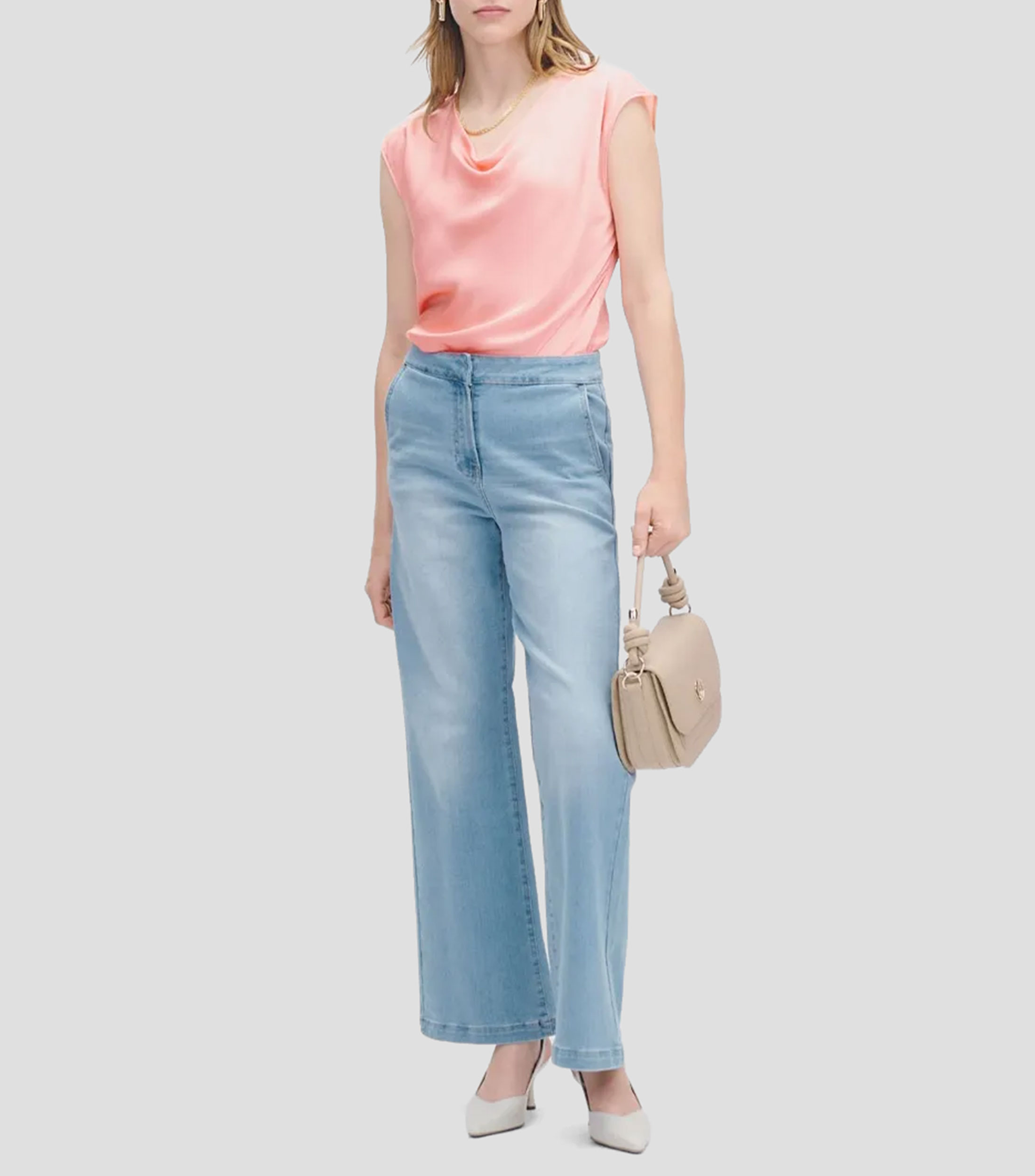 Blusa de satín escote drapeado coral Mujer