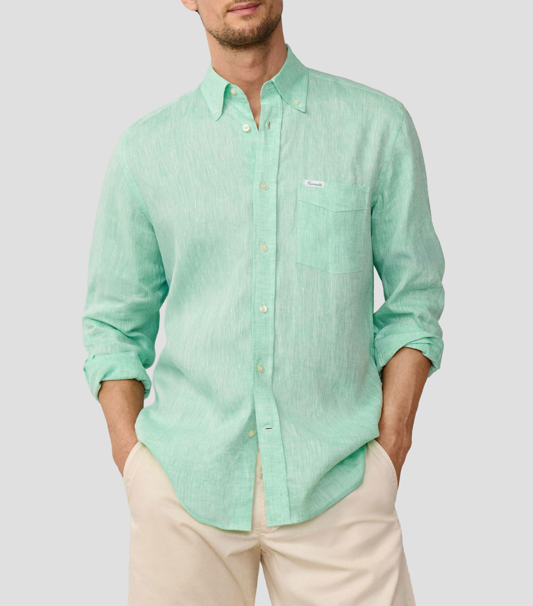 Camisa jaspeada de lino manga larga Hombre