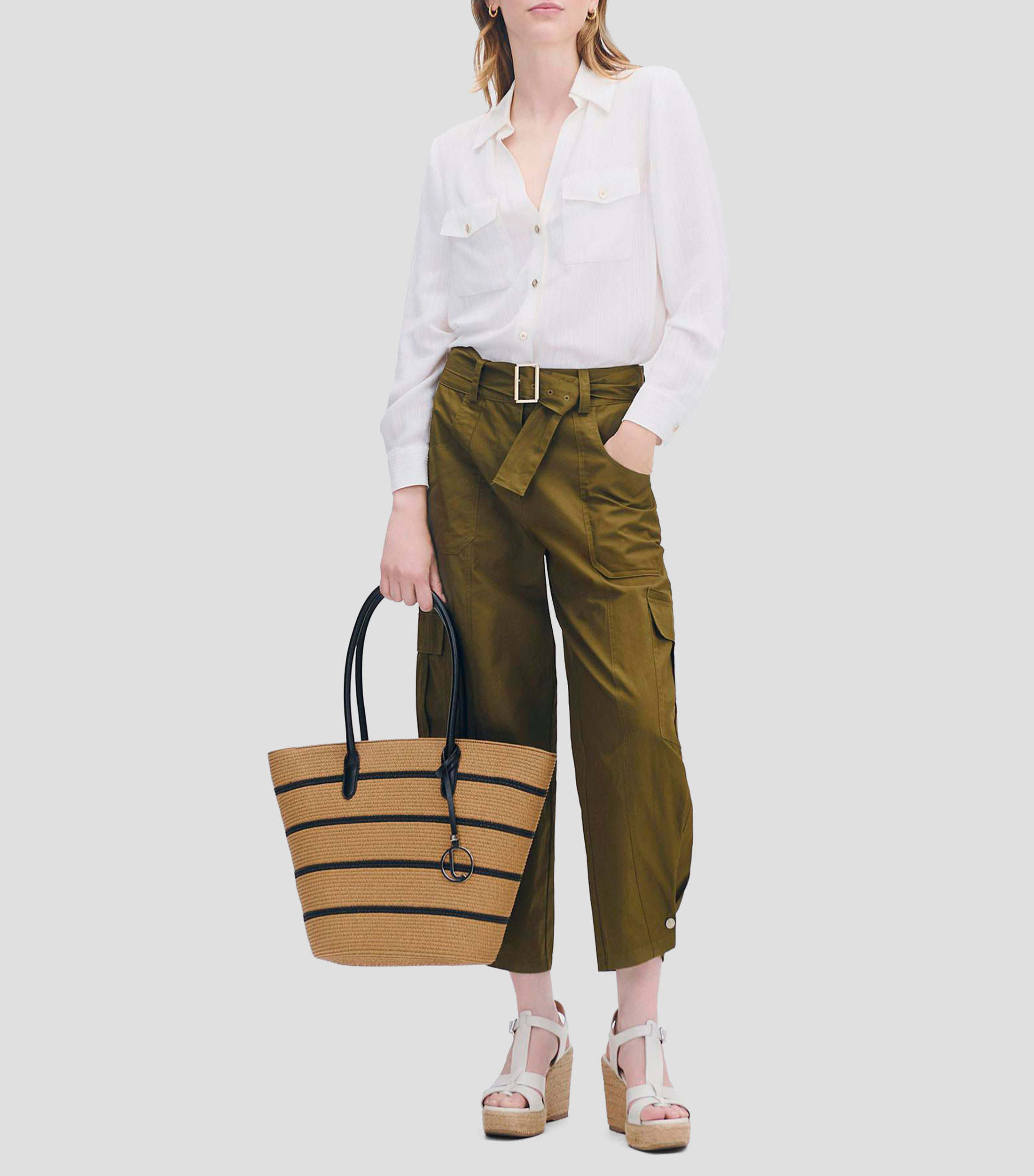 Blusa camisera blanca de Jacquard a Rayas Escote V Mujer