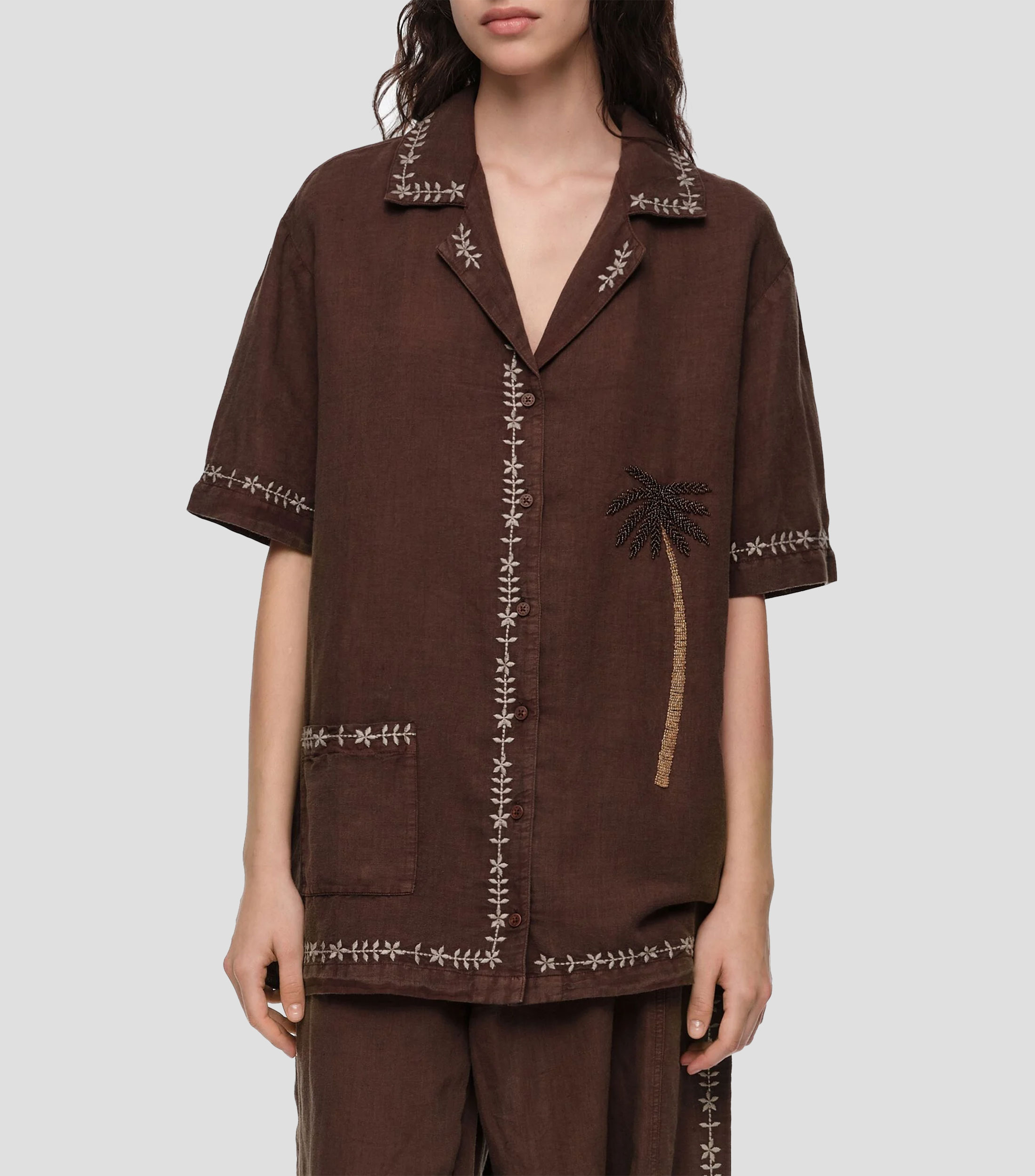 Camisa de lino con estampado de palmeras Mujer