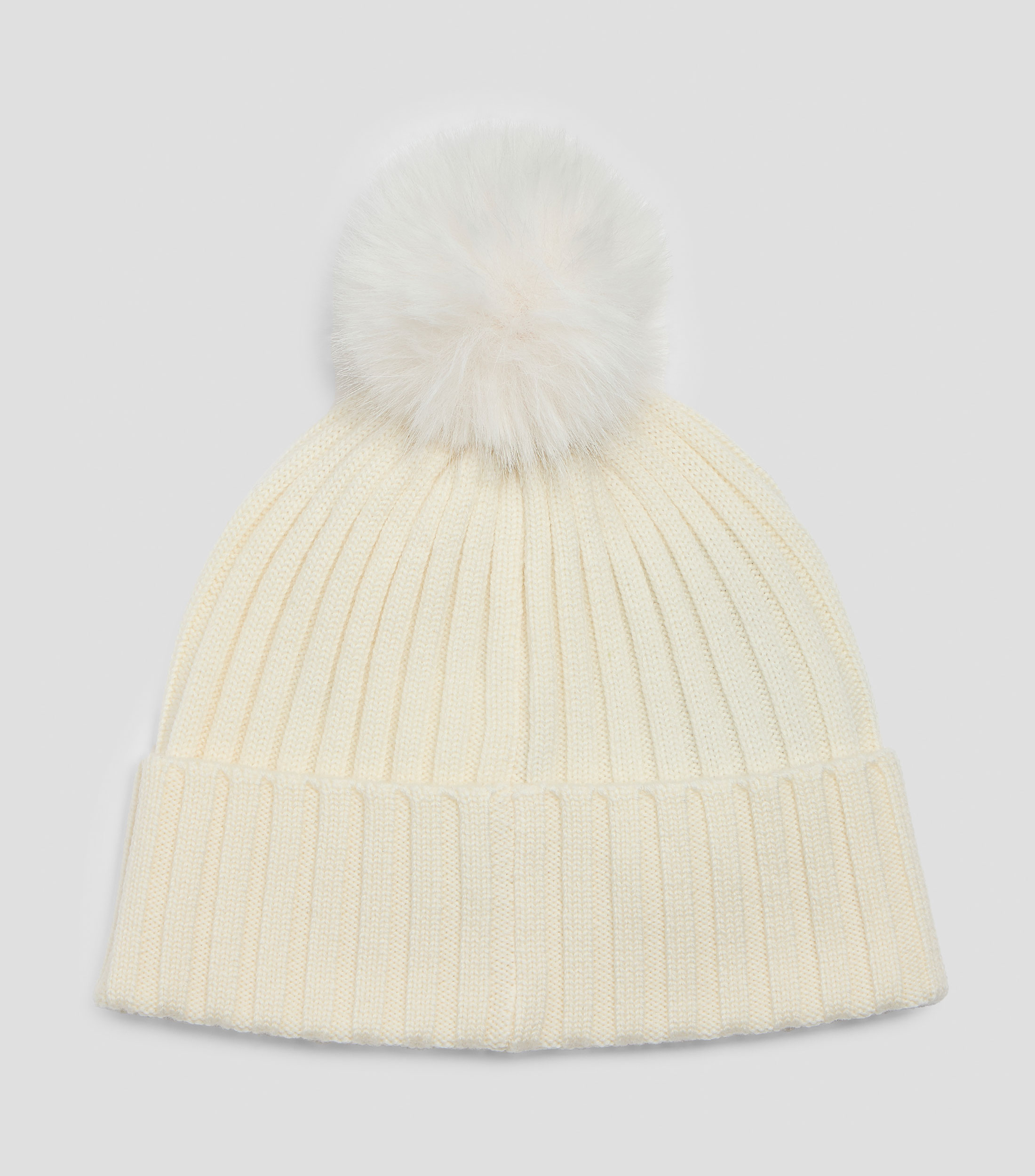 Gorro de punto de lana virgen con pompón de imitación de piel Mujer