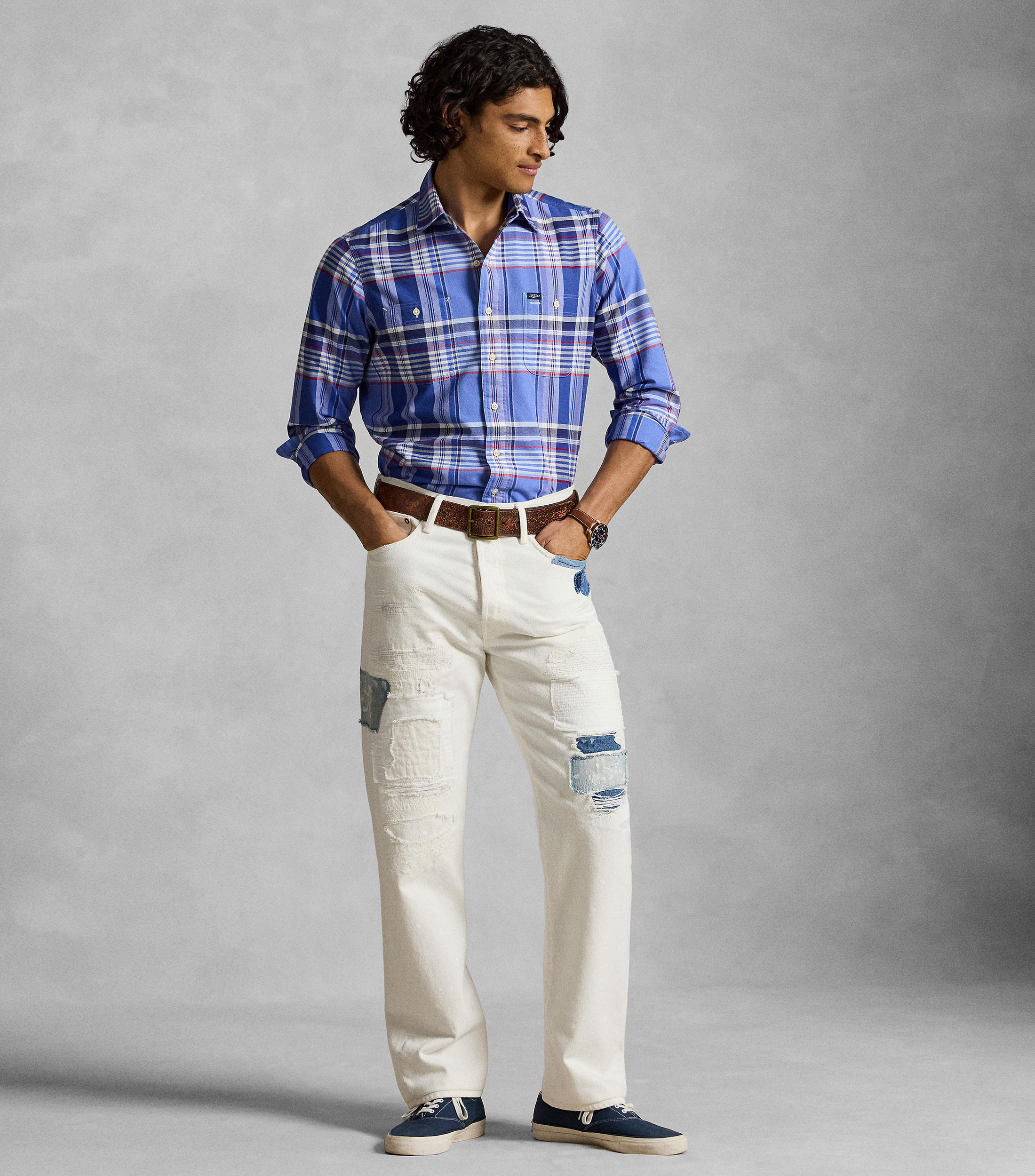 Camisa Oxford con cuadros manga larga Hombre