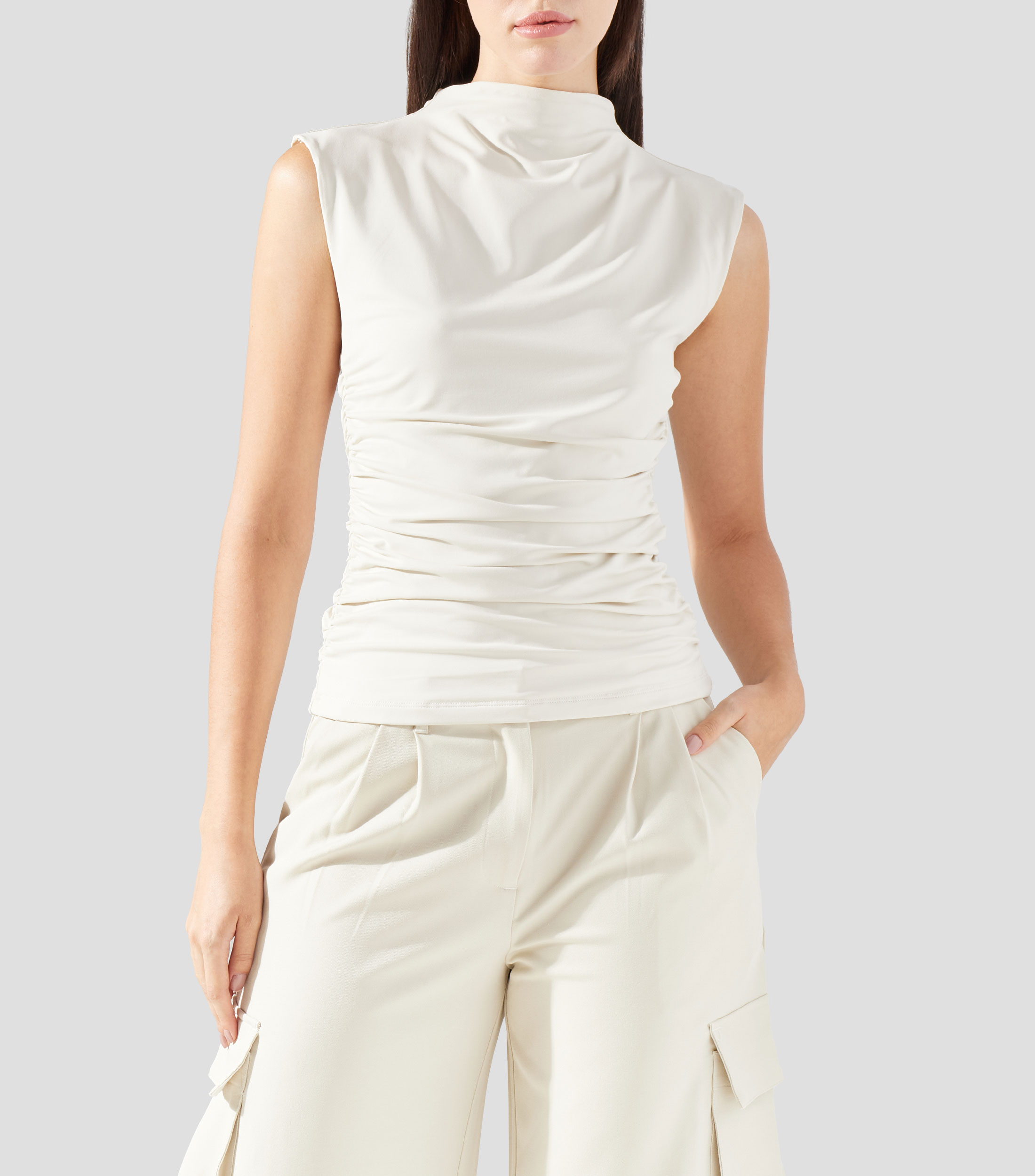 Top cuello alto sin mangas liso Mujer
