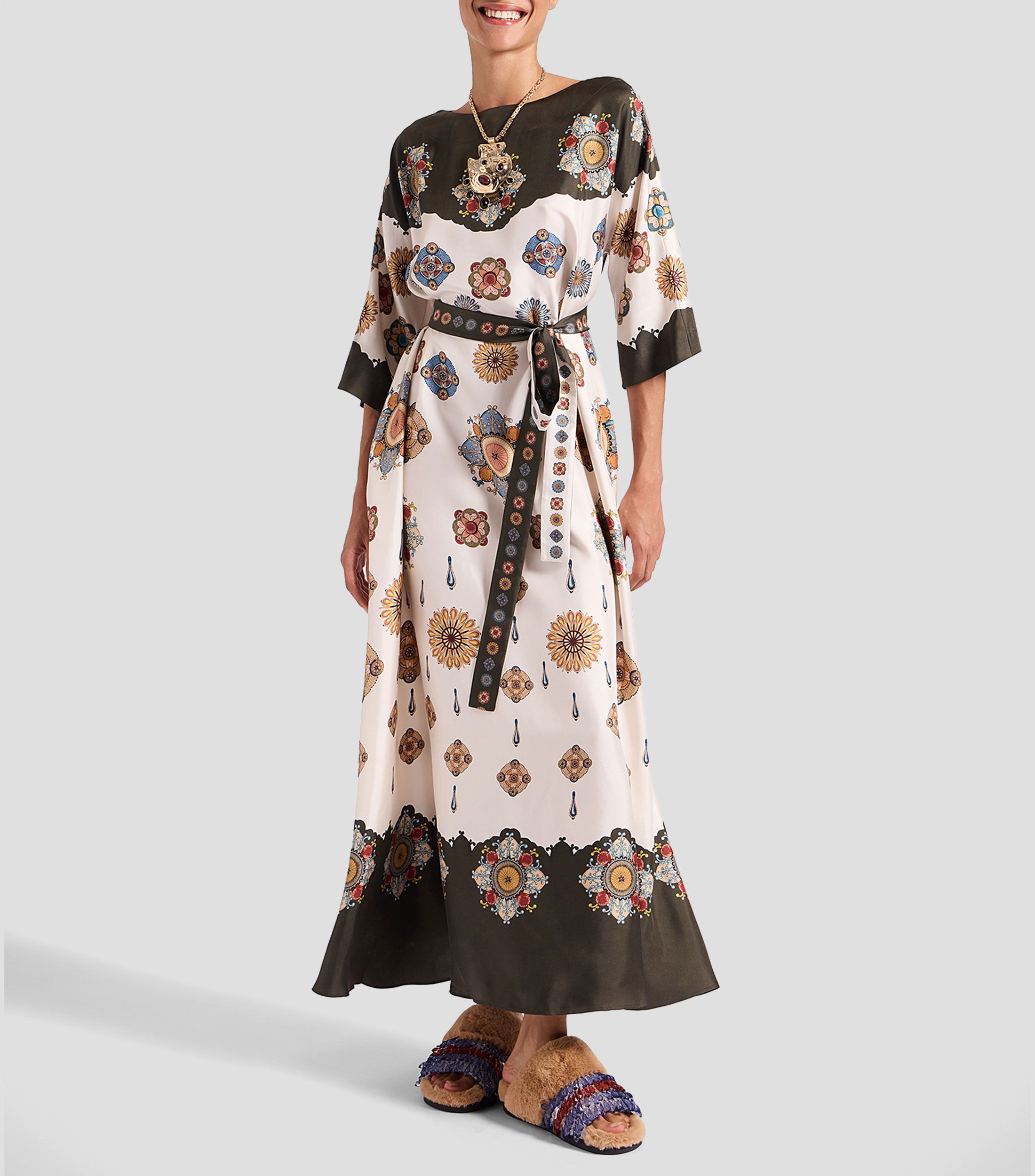 Vestido largo manga 3/4 estampado Mujer