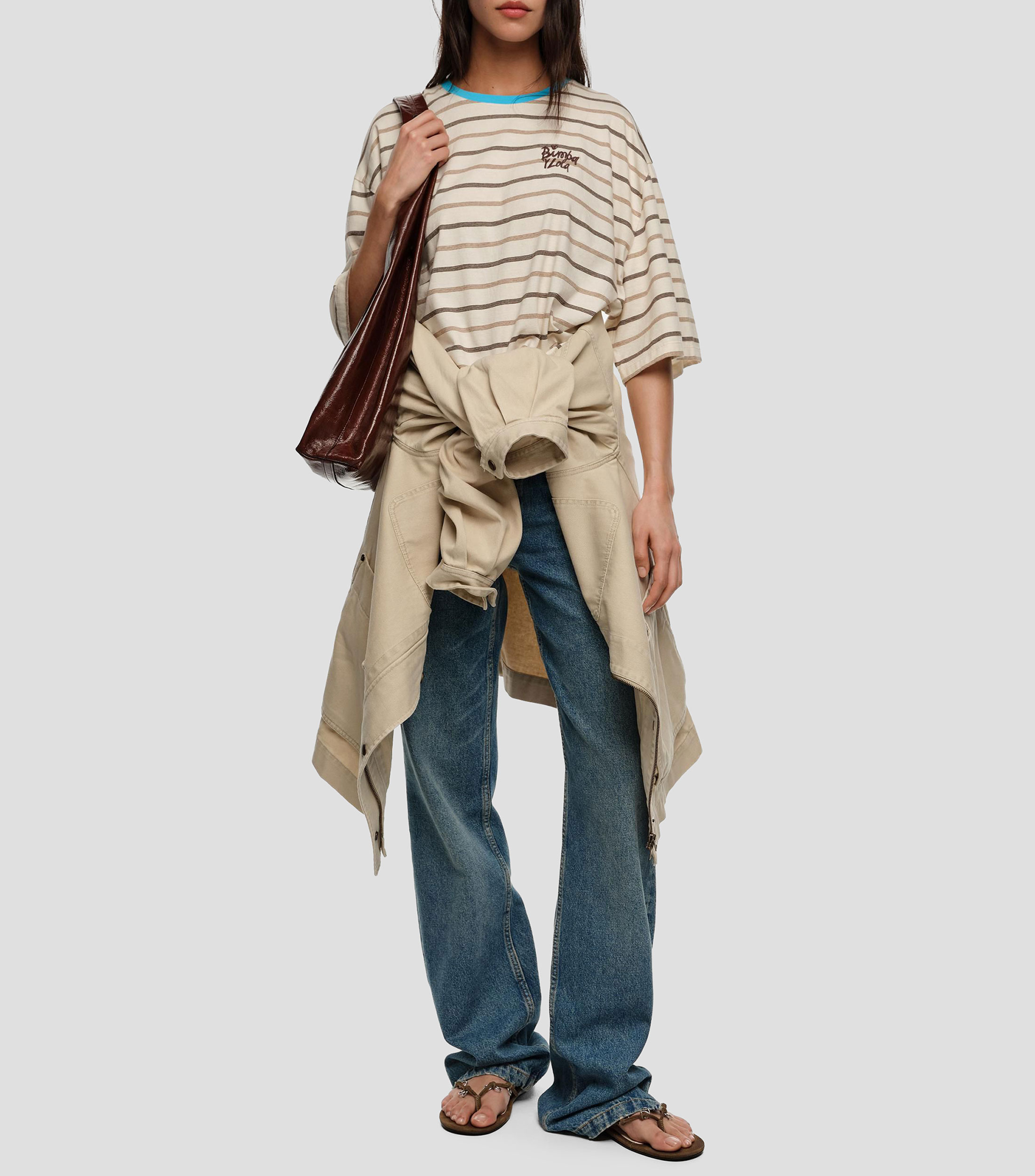 Playera boxy algodón rayas marrones Mujer