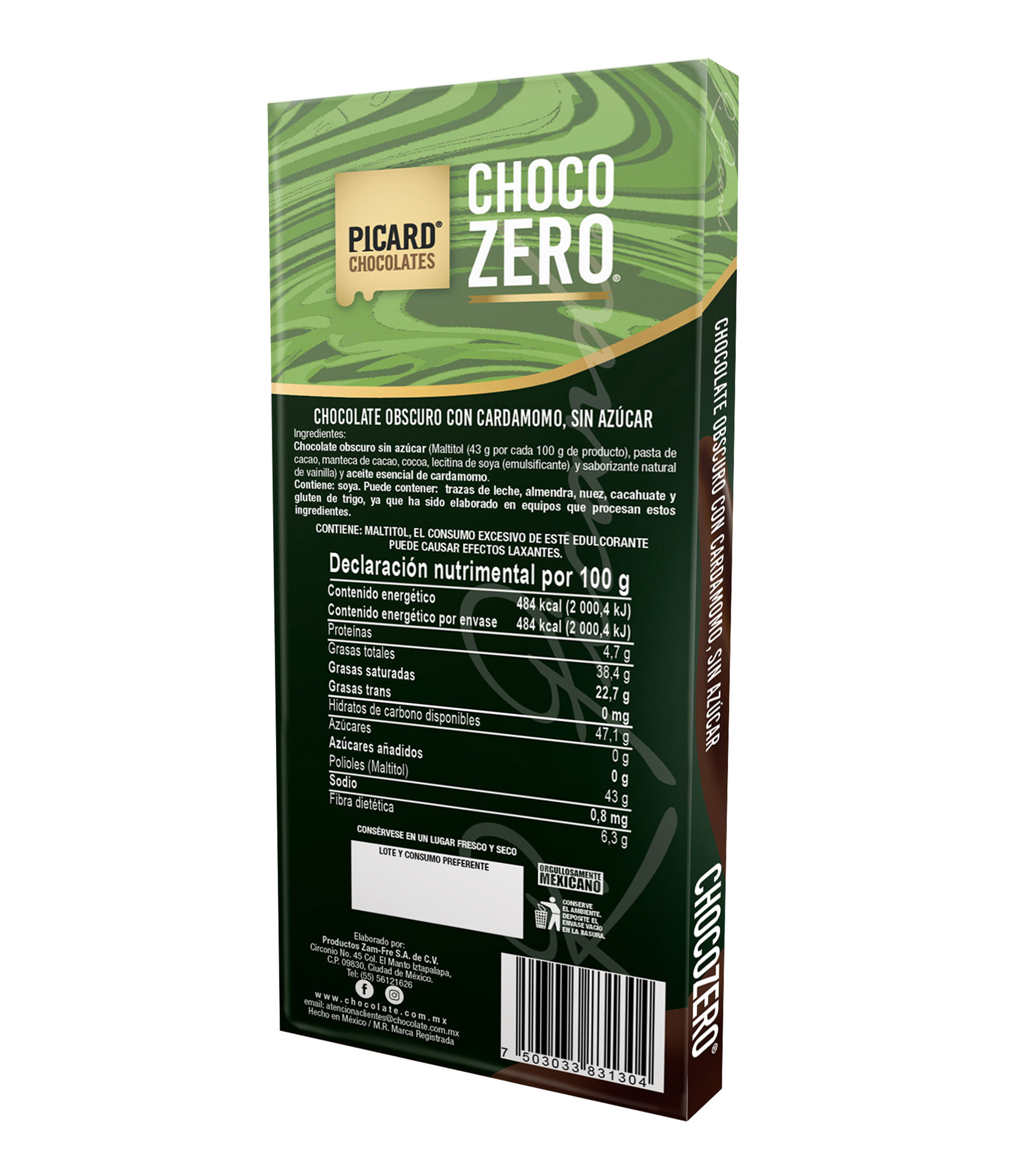 Barra De Chocolate Obscuro con cardamomo sin azúcar, 100 g