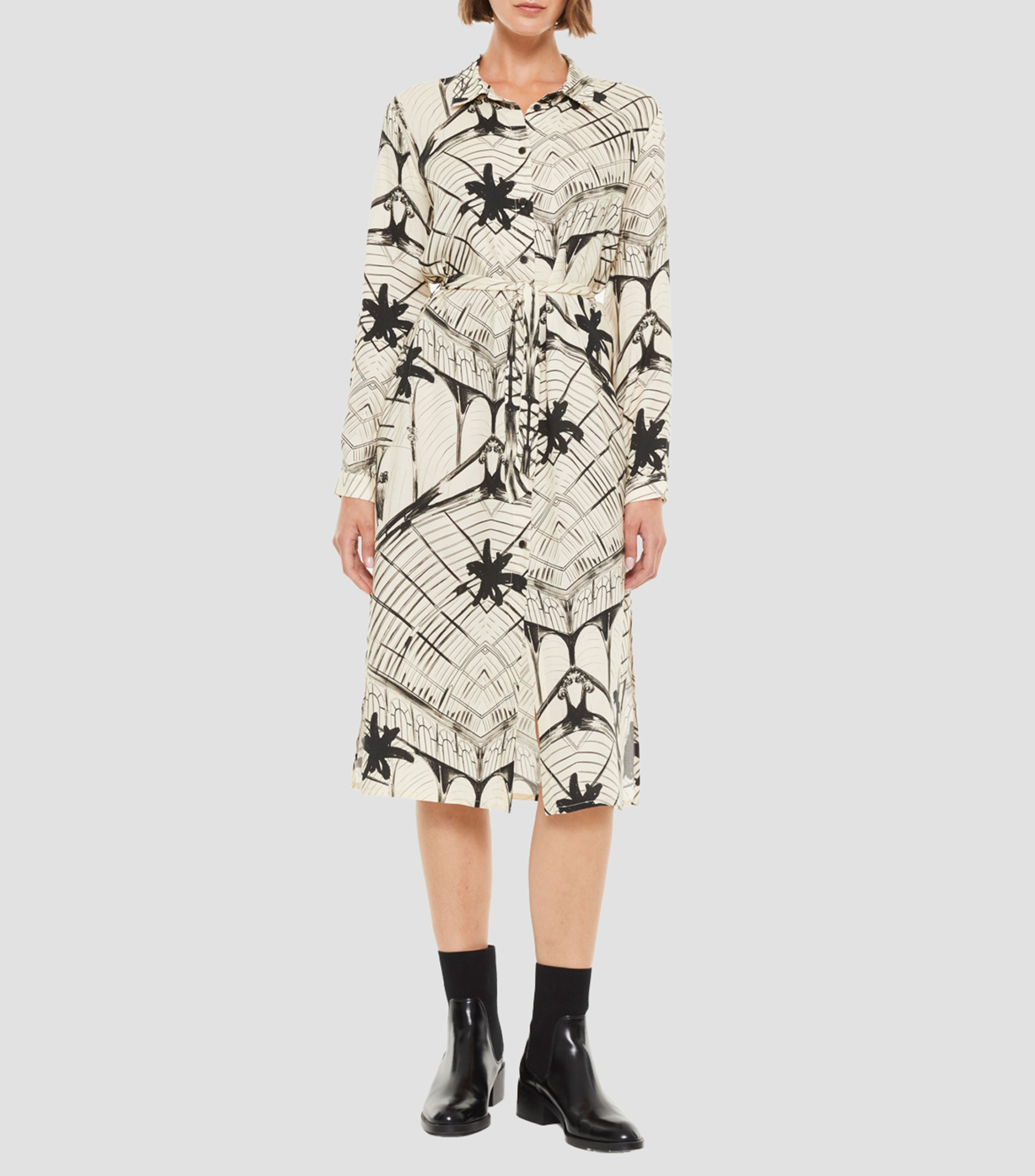 Vestido midi manga larga con estampado Mujer