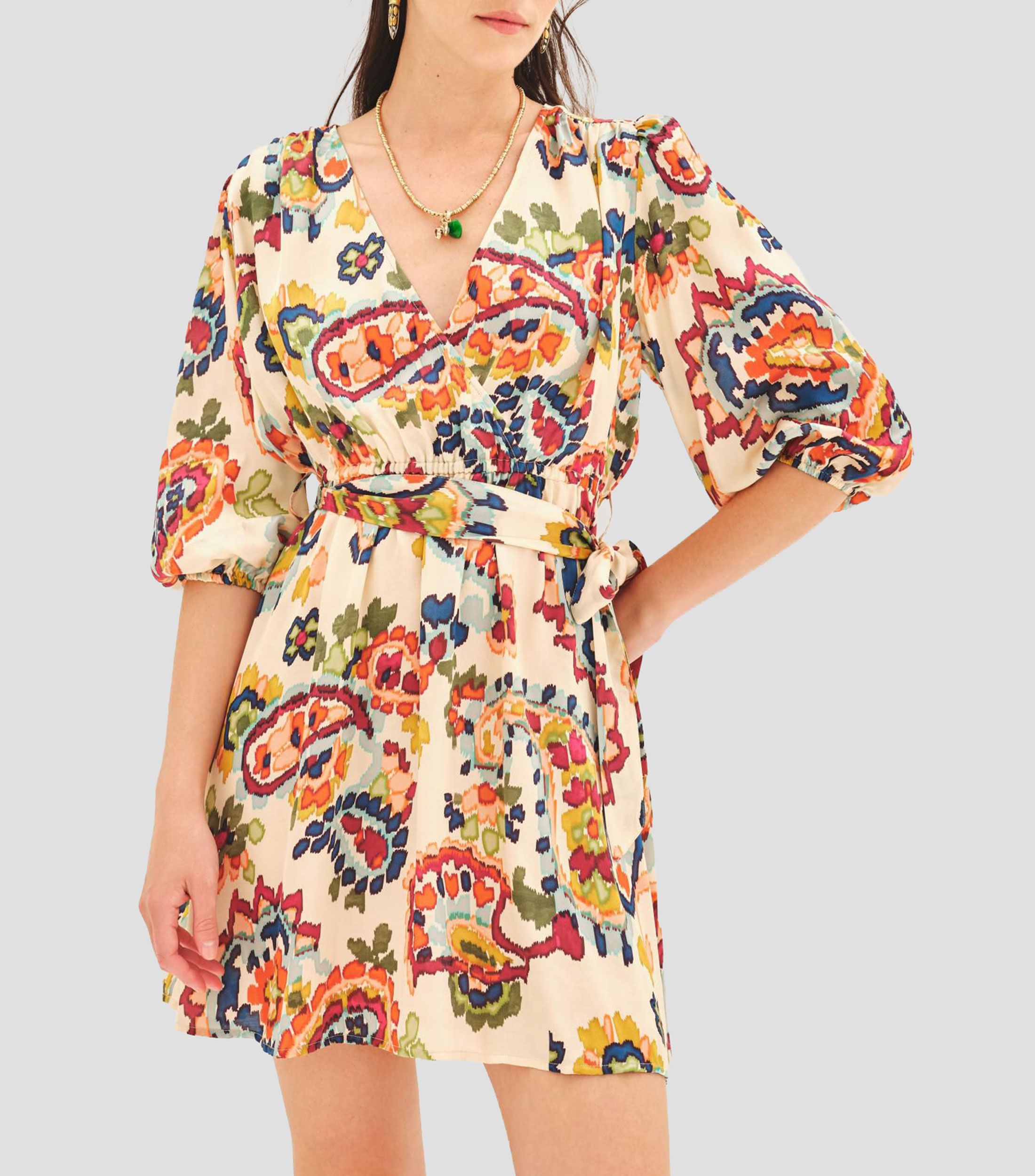 Vestido corto manga 3/4 estampado Mujer