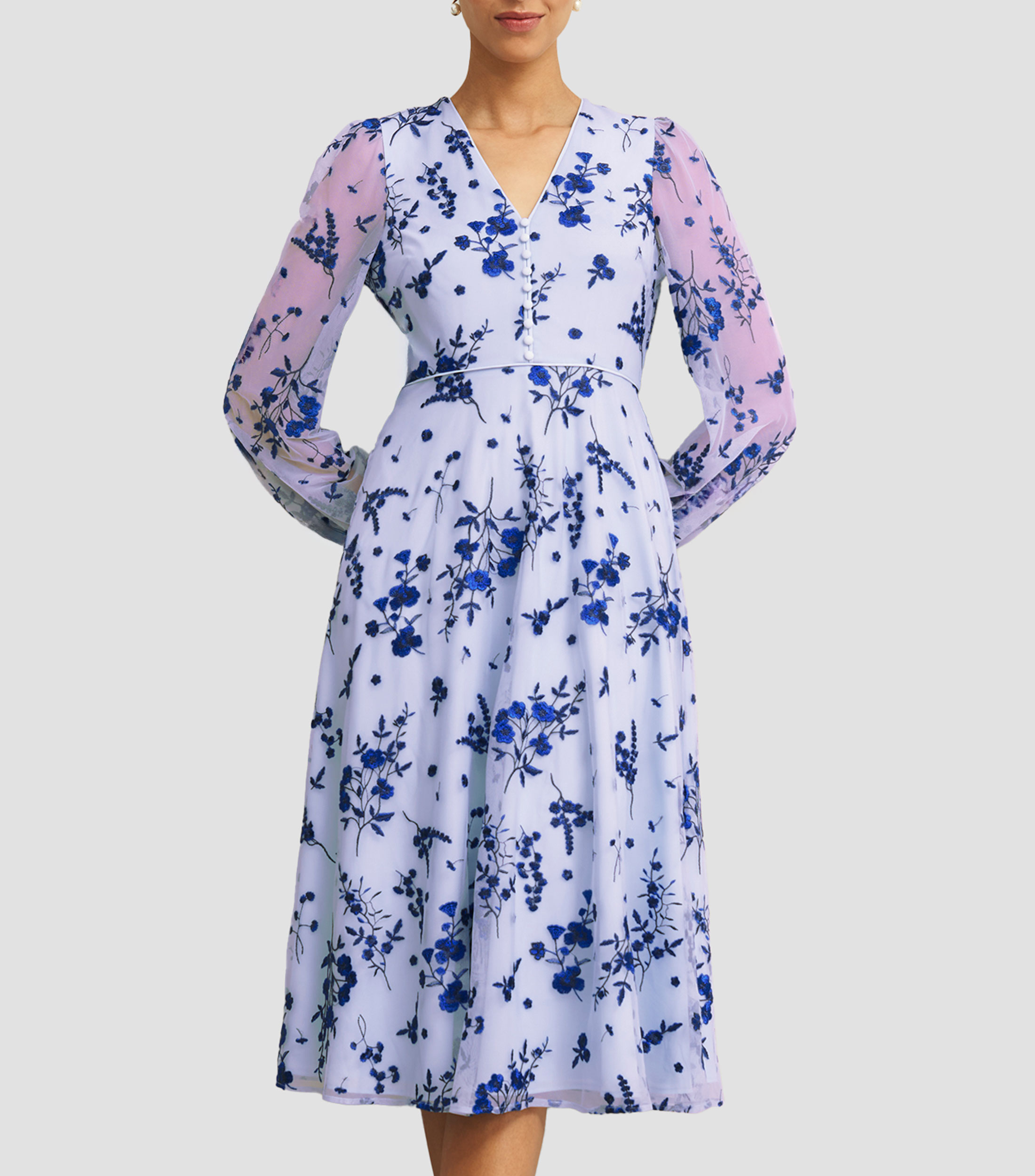 Vestido de fiesta midi manga larga con flores Mujer