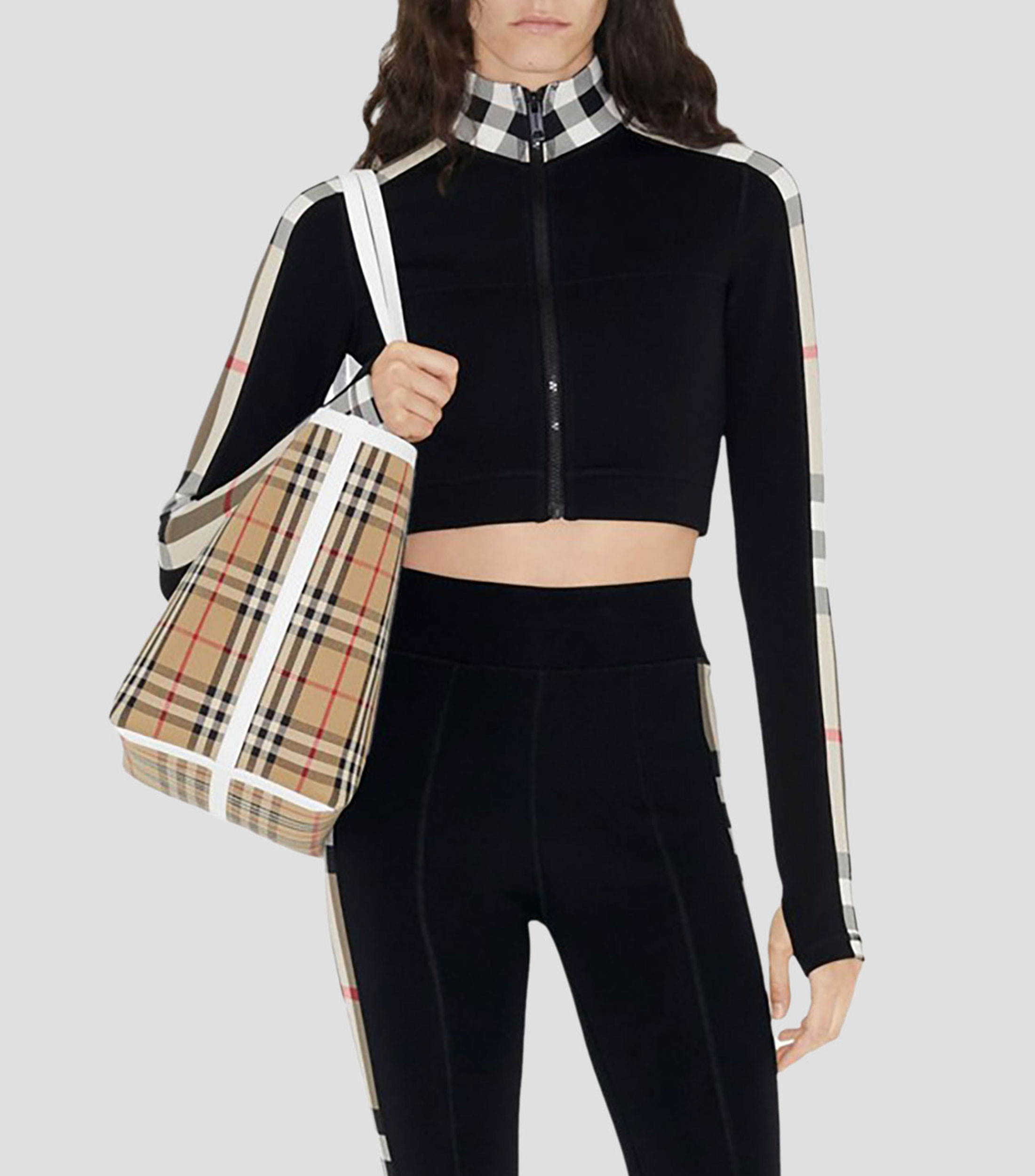 Chamarra crop top con paneles Check Mujer