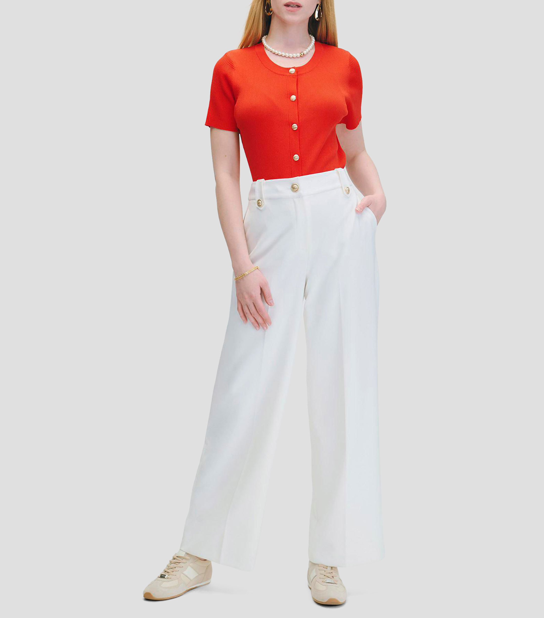 Pantalón Wide Leg Tiro Alto Natural Trabas Con Botón Monograma Mujer