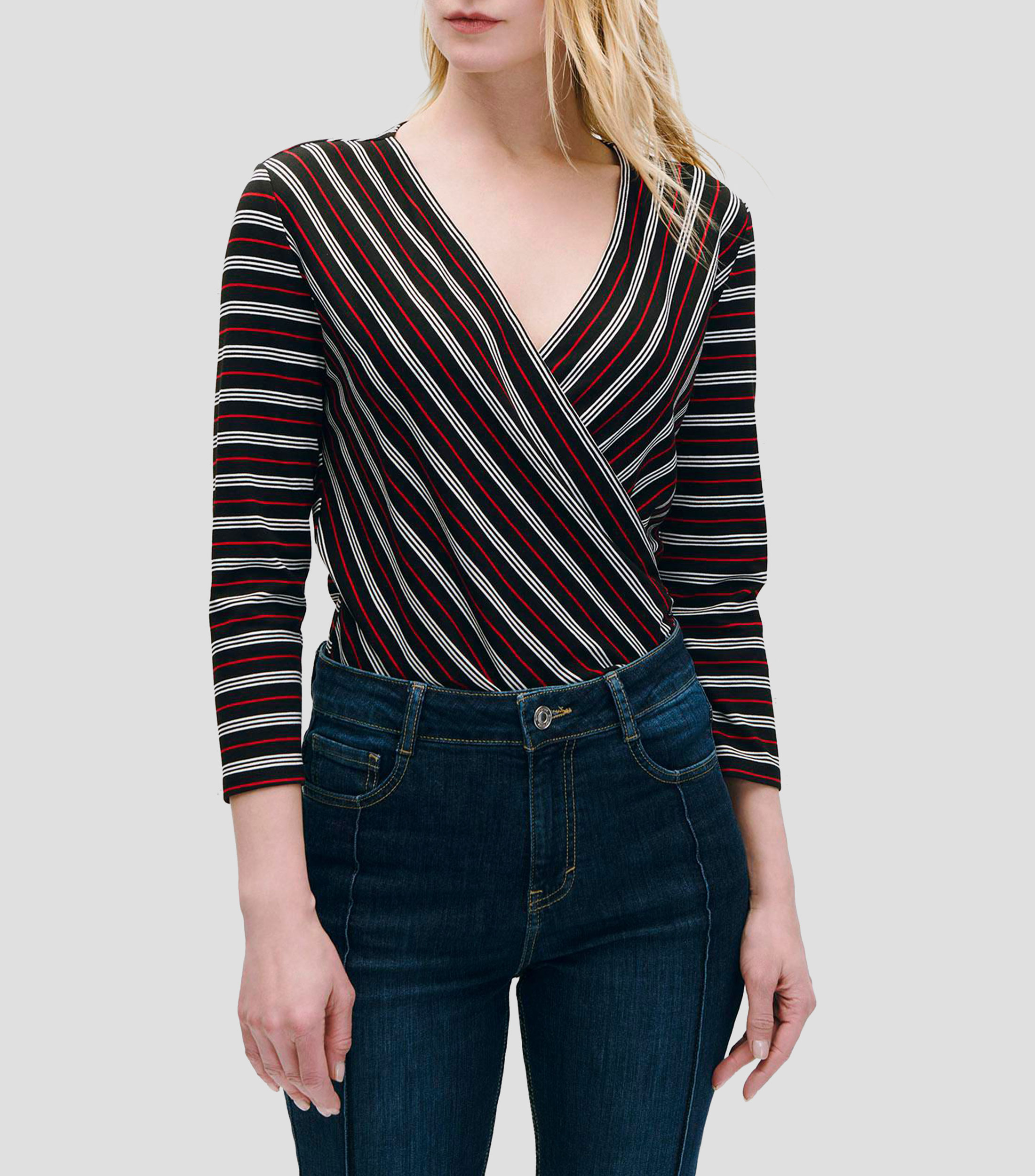 Blusa envolvente de punto a rayas frunces en costado Mujer