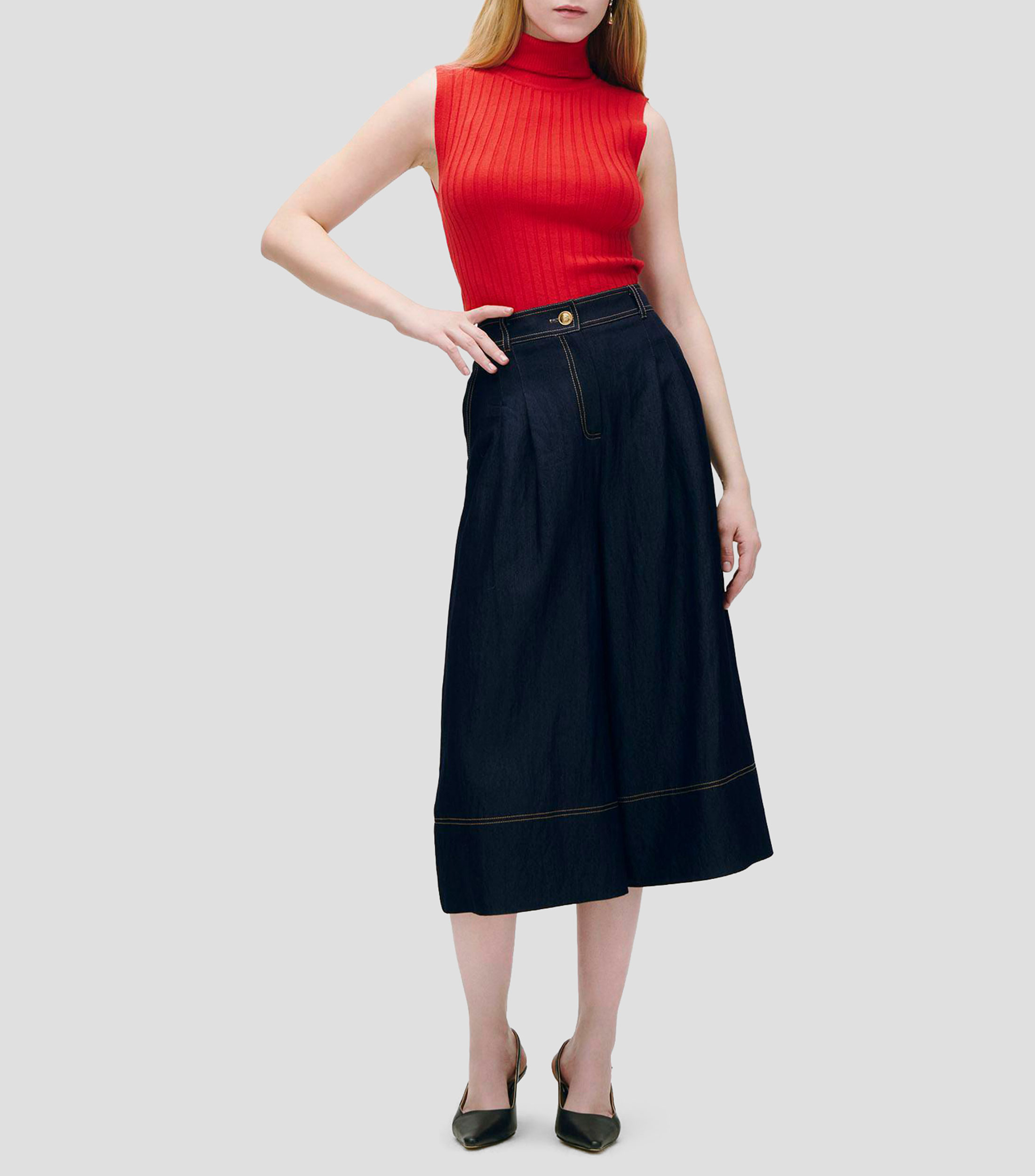 Top Tejido Canal Rojo Manga Sisa Cuello Tortuga Mujer