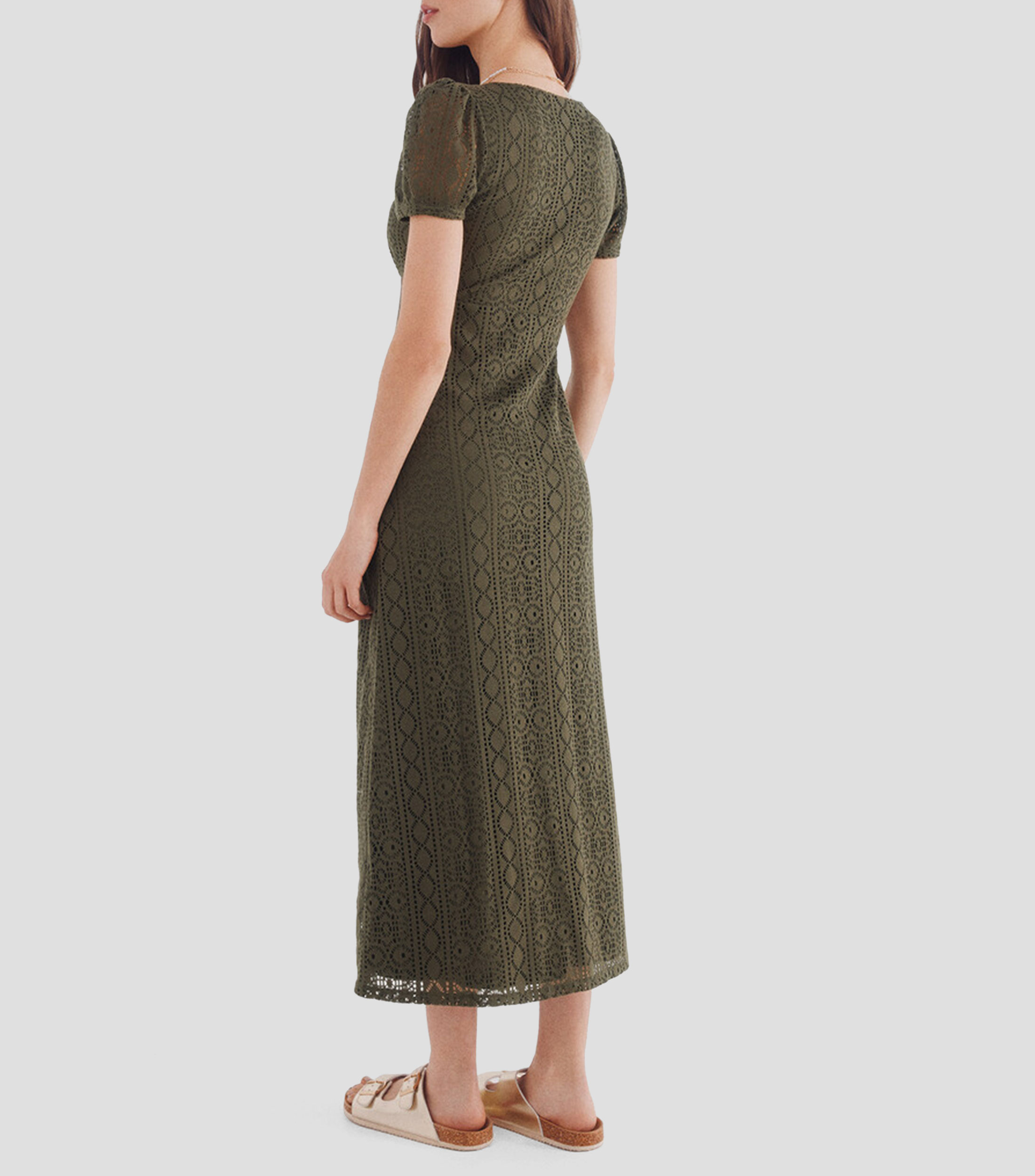 Vestido midi liso calado de manga corta Mujer