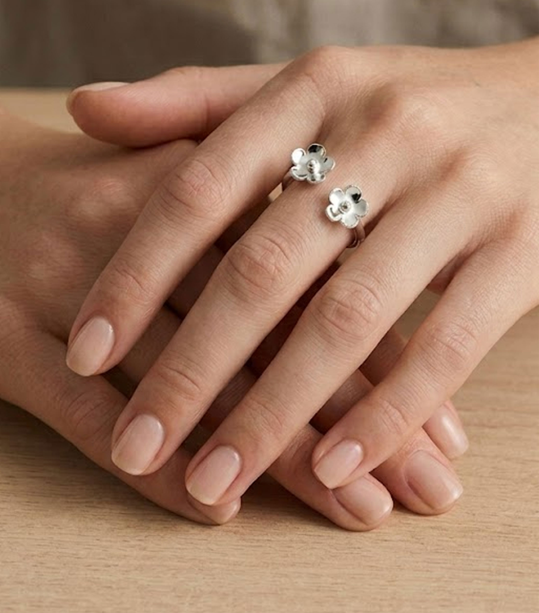 Anillo abierto en Plata .925 Dos Flores grande Mujer Talla 7-8