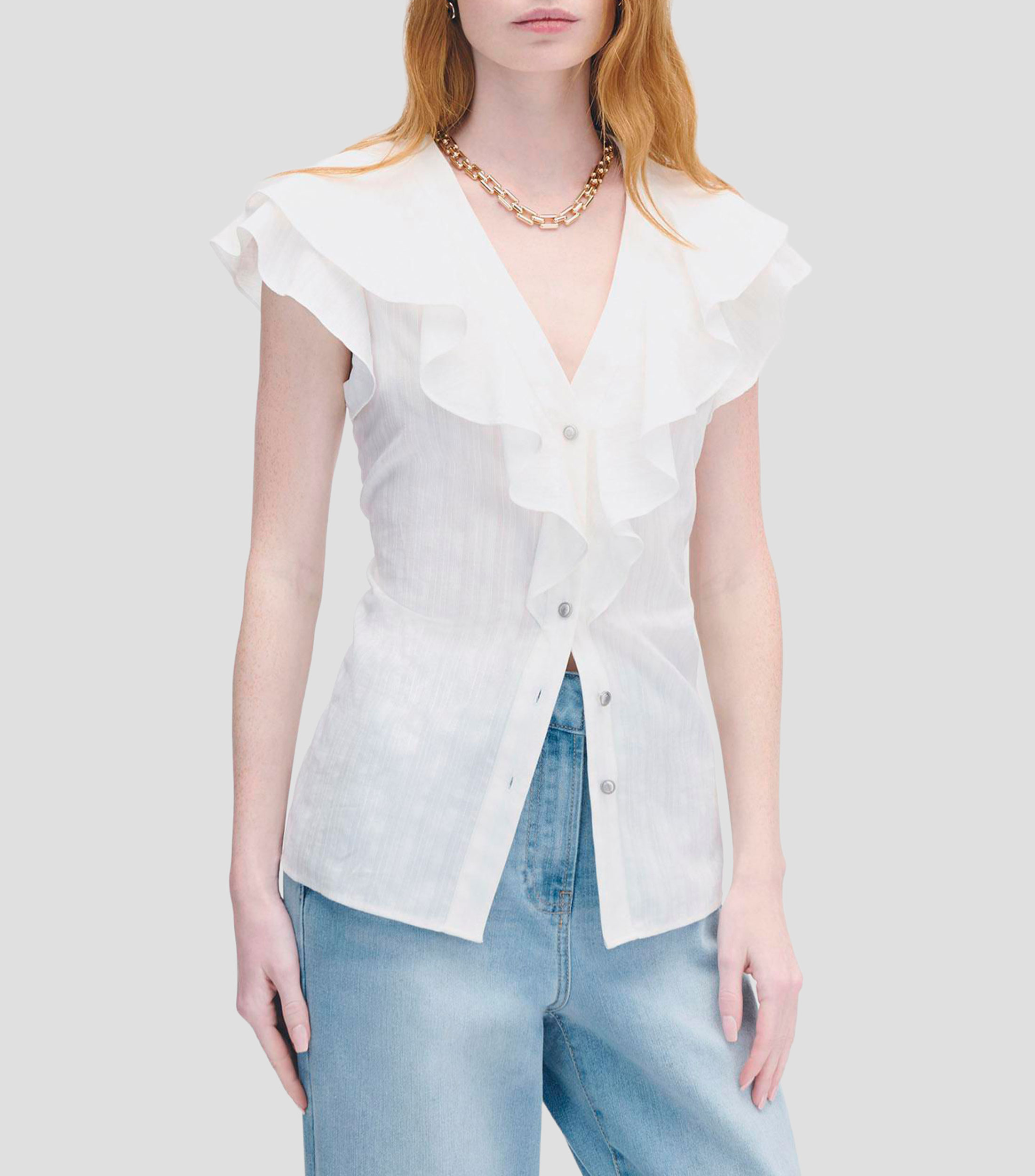 Blusa Blanca Voile con Textura Escote V con Escarolas Mujer