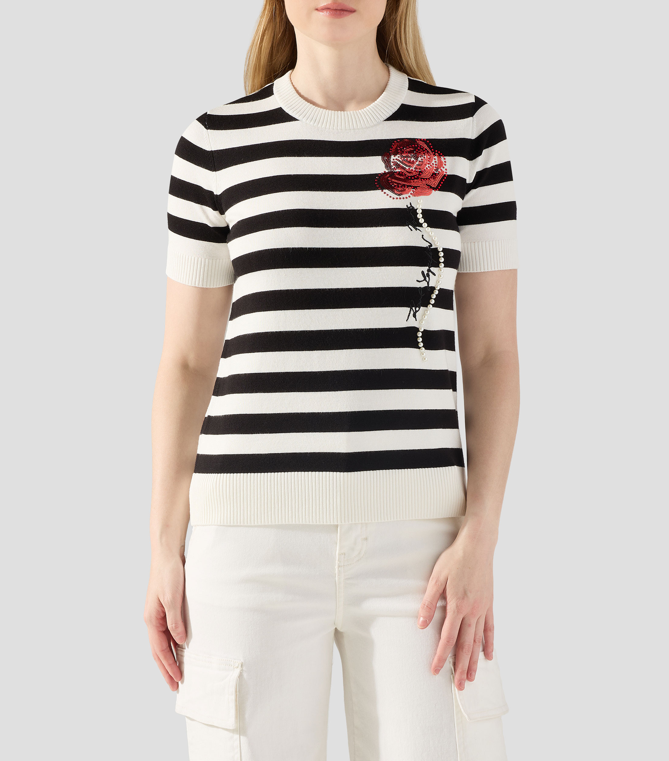 Playera de cuello redondo con manga corta rayas Mujer
