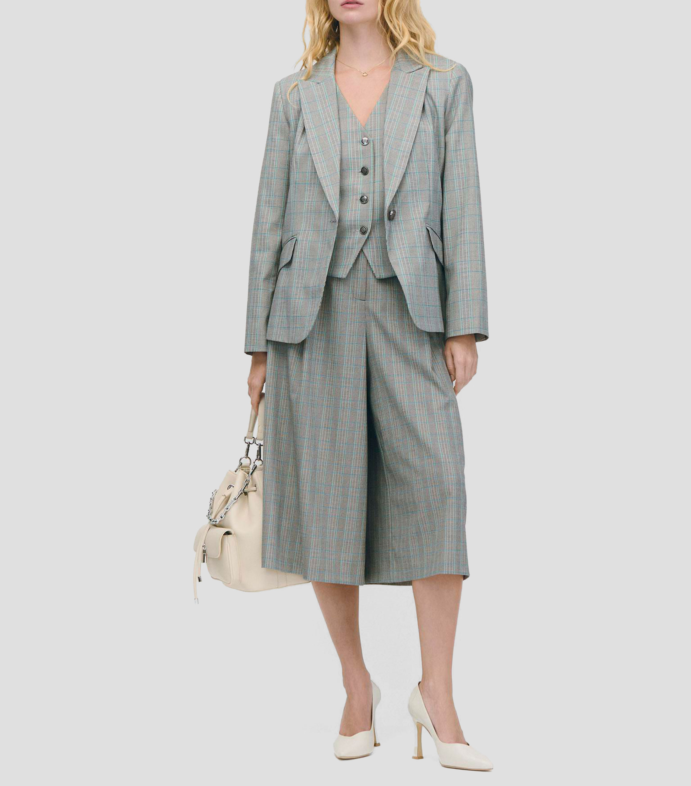 Blazer Cuadro Príncipe De Gales Solapa De Pico Mujer