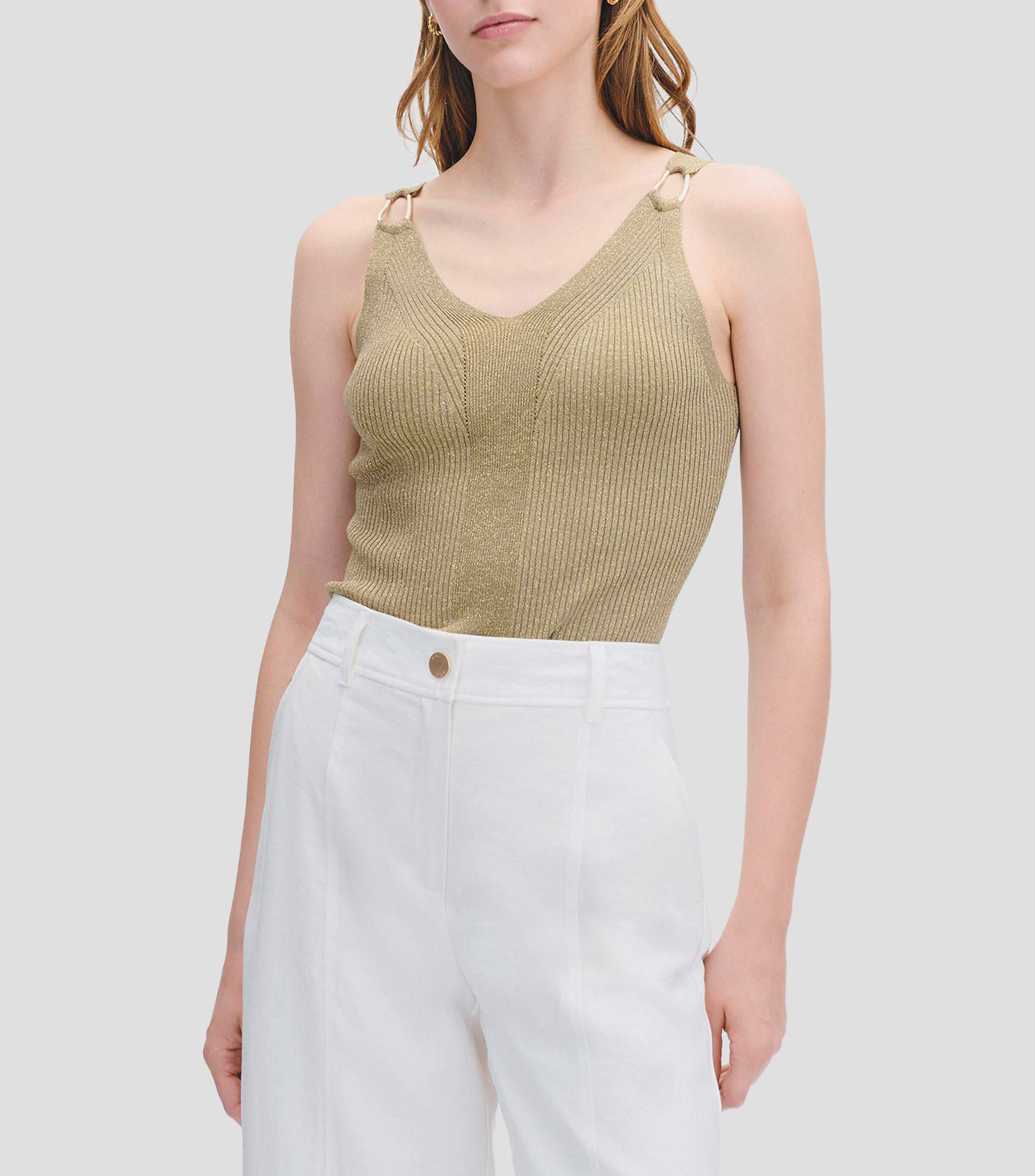 Blusa tejido canalé escote V tirantes con arillos con lúrex Mujer