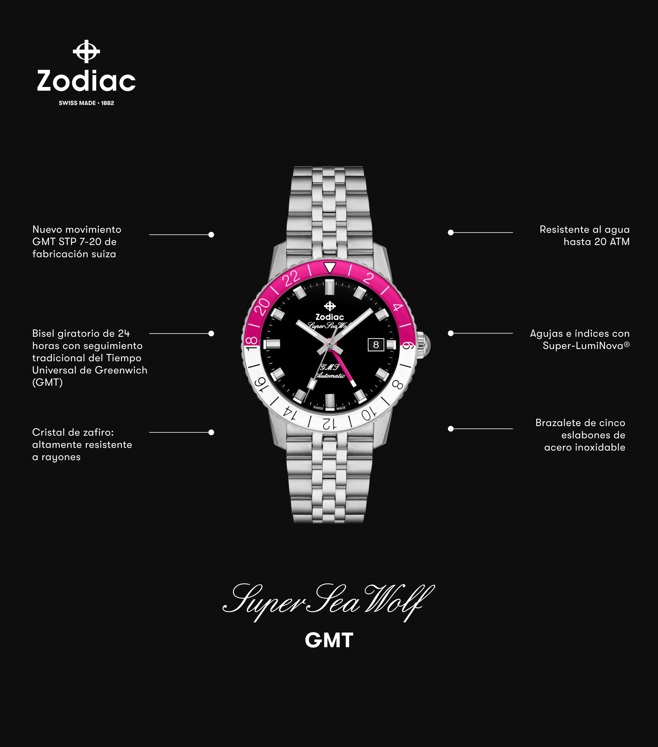 Reloj para Hombre GMT casual plateado, rosa-blanco