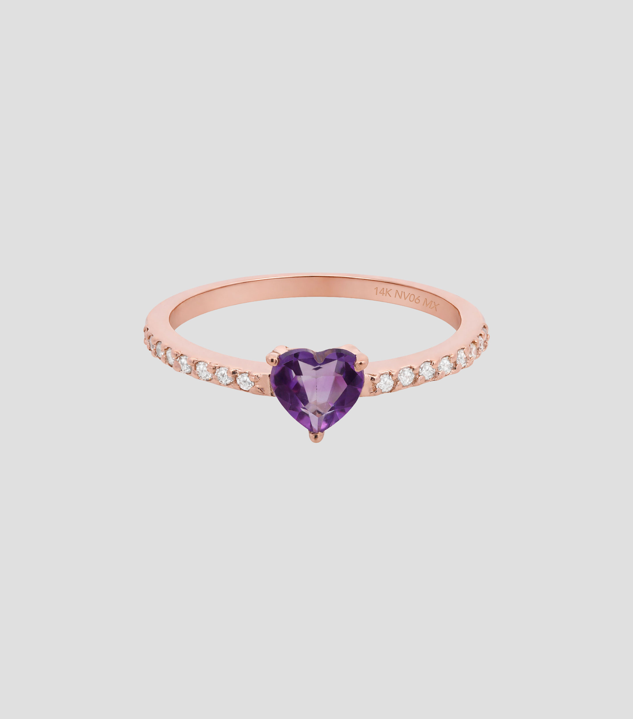 Anillo en oro rosa de 14 kilates con amatista y diamantes Mujer