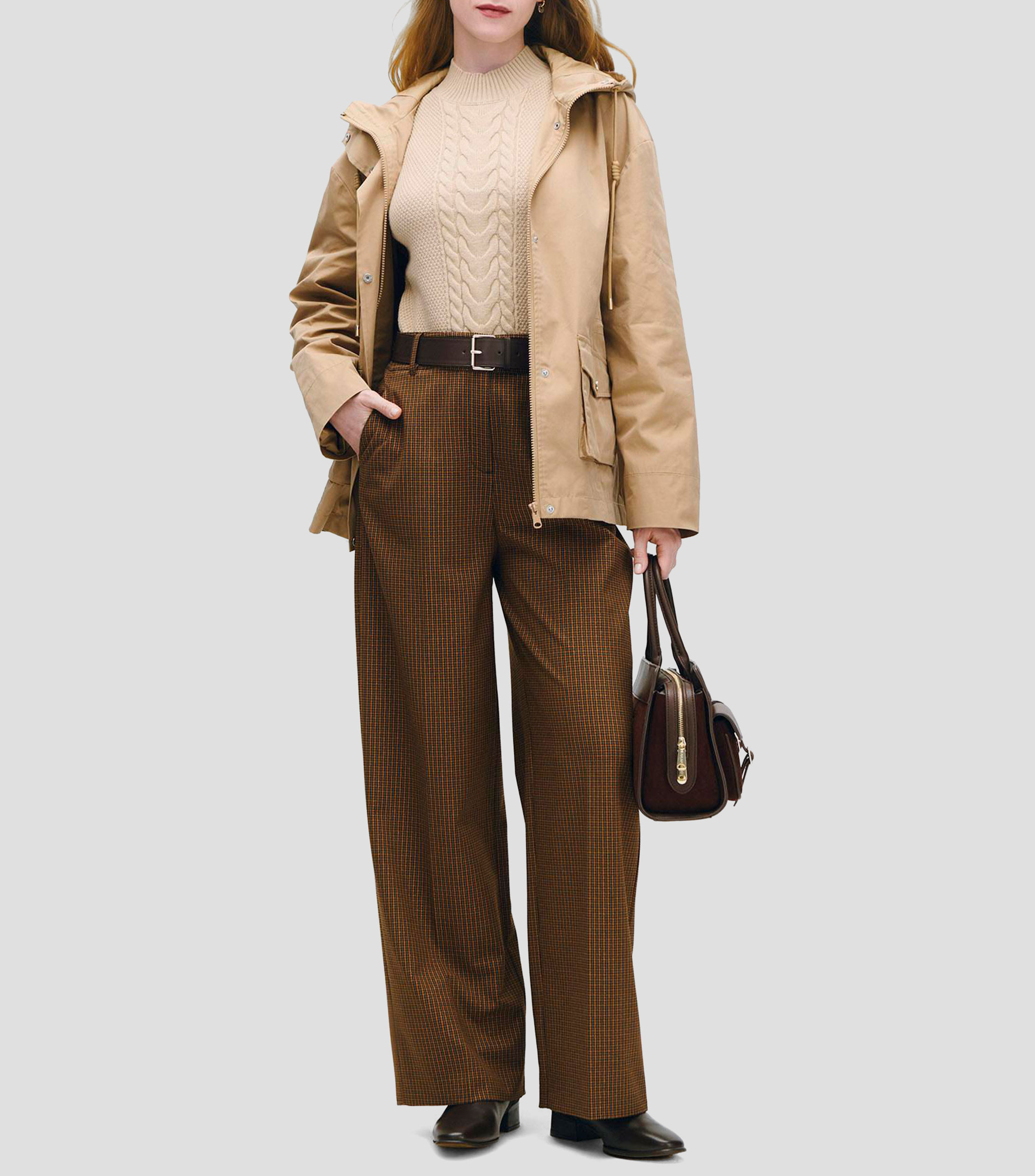 Chamarra Parka Larga Beige Cuello Alto con Capucha Mujer
