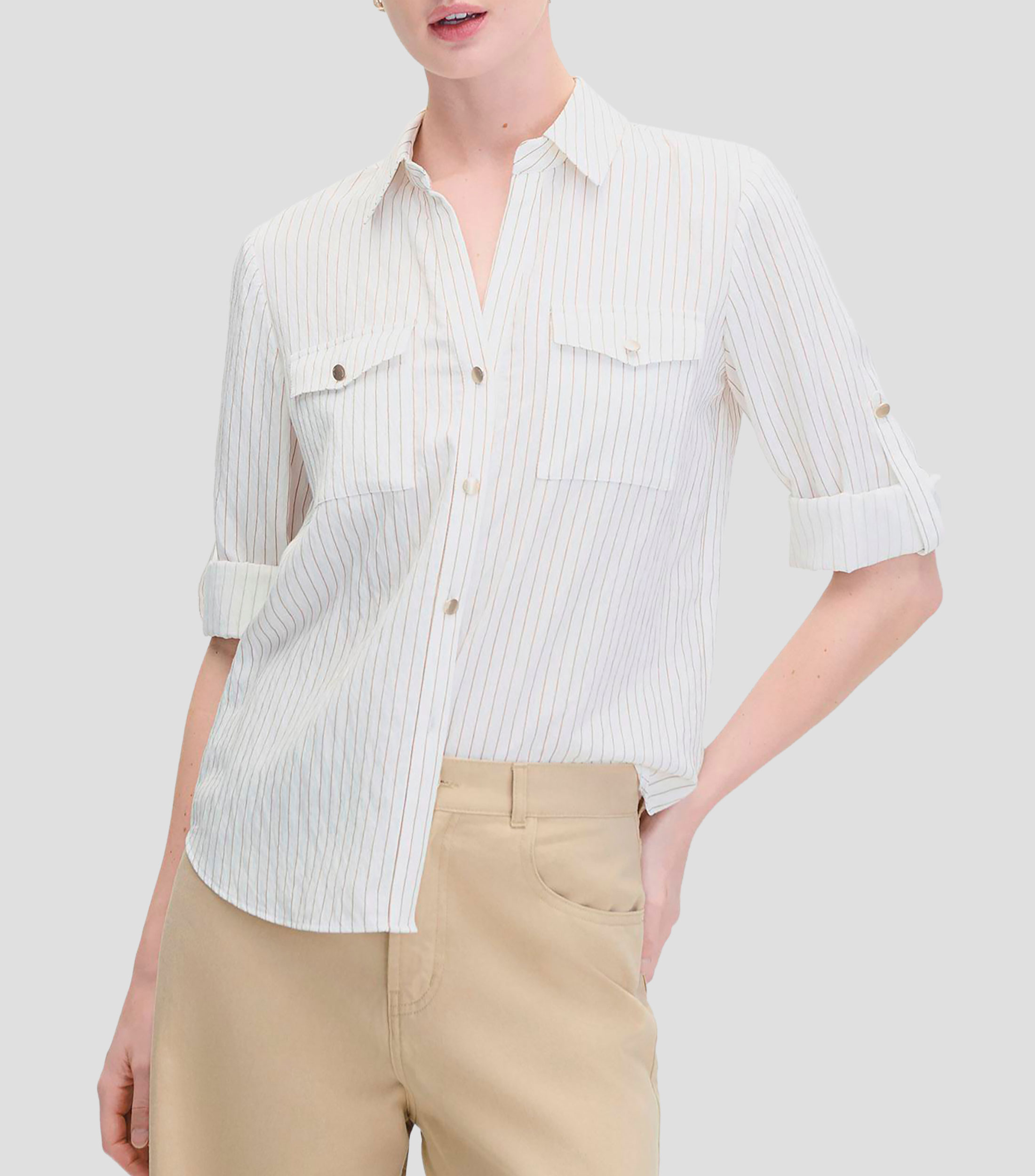 Camisa a Rayas Canela Efecto Corrugado con Charreteras Mujer