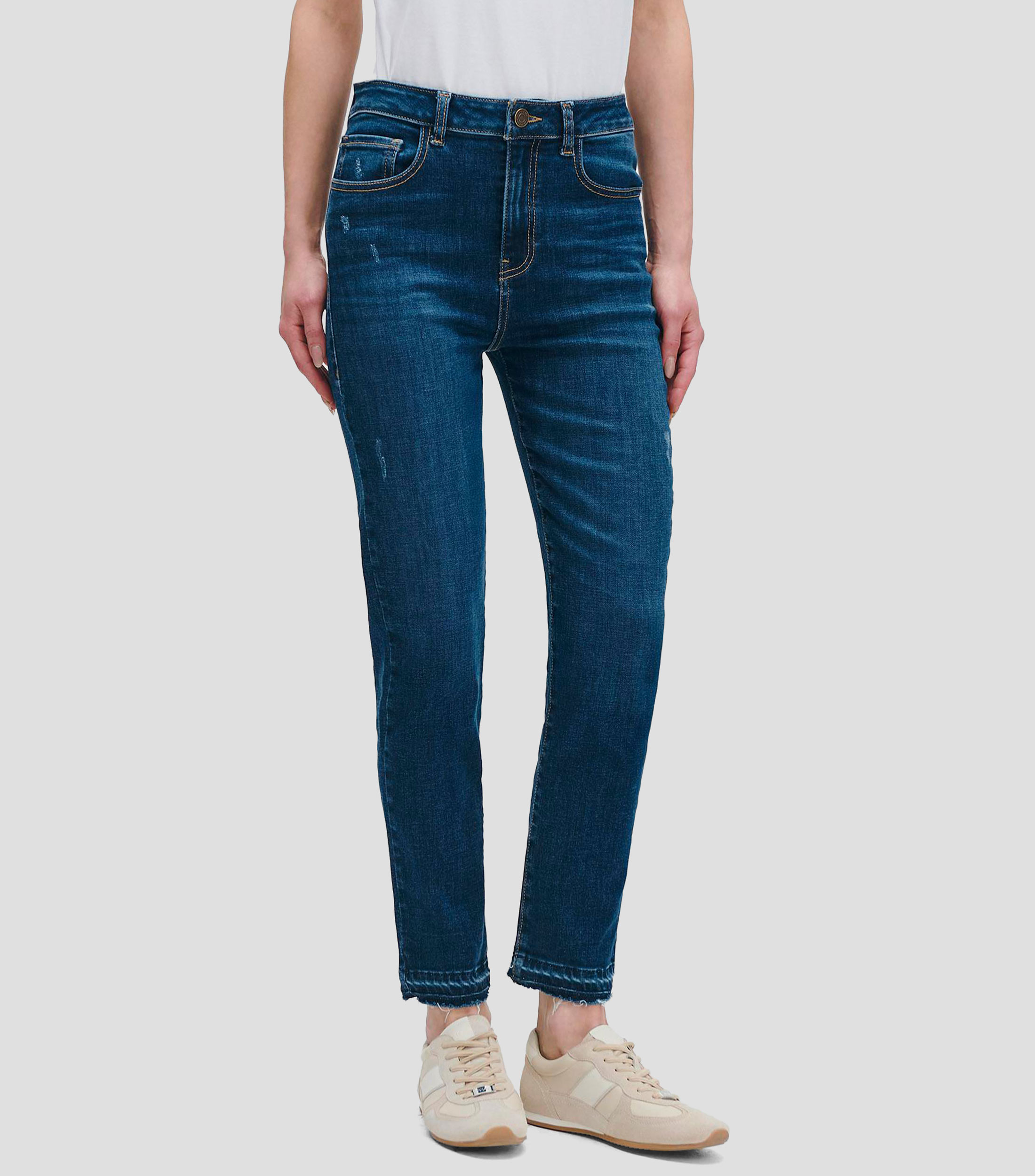 Jeans Skinny Tiro Alto Índigo Con Destrucción Y Deshilado Mujer