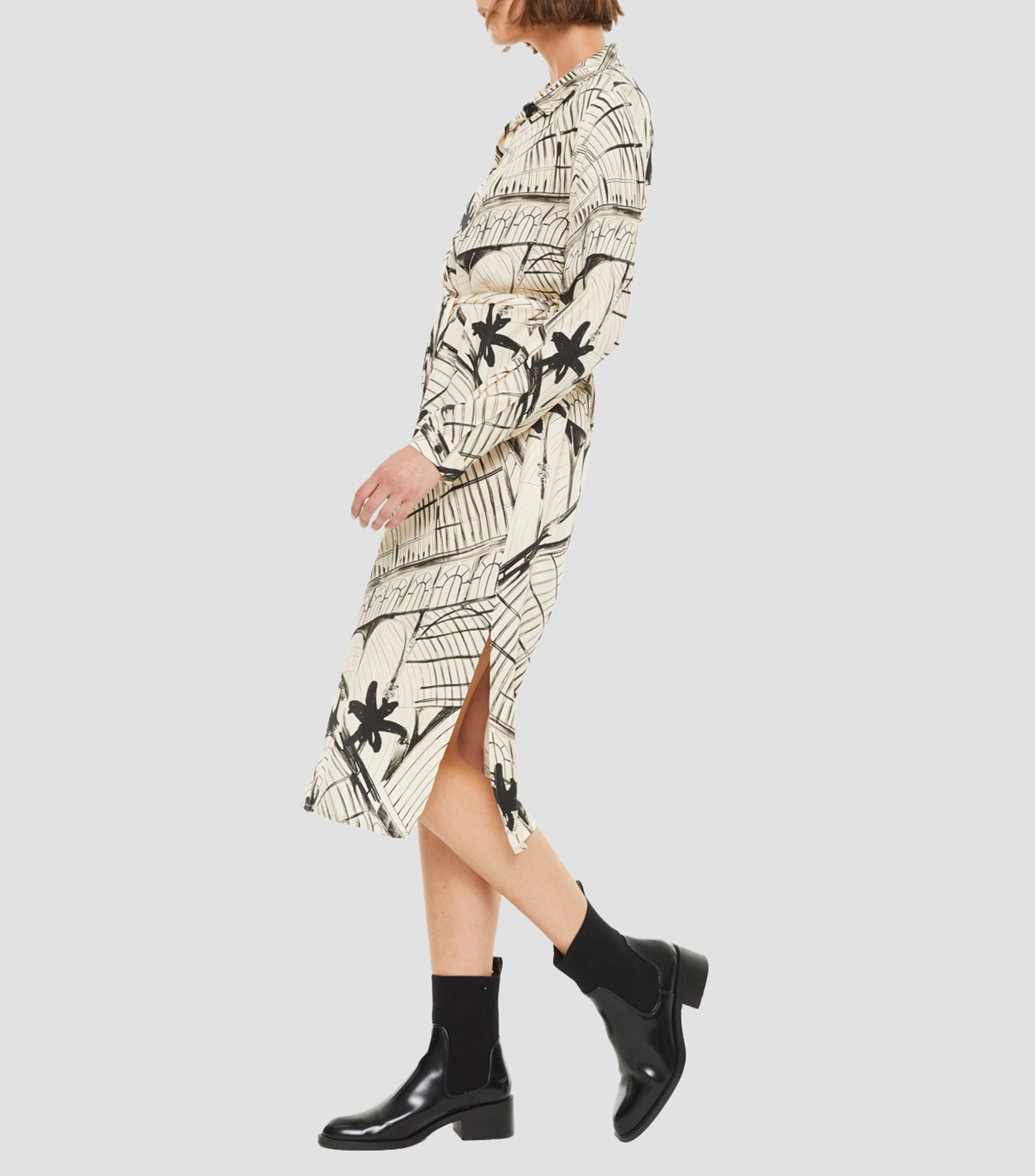 Vestido midi manga larga con estampado Mujer