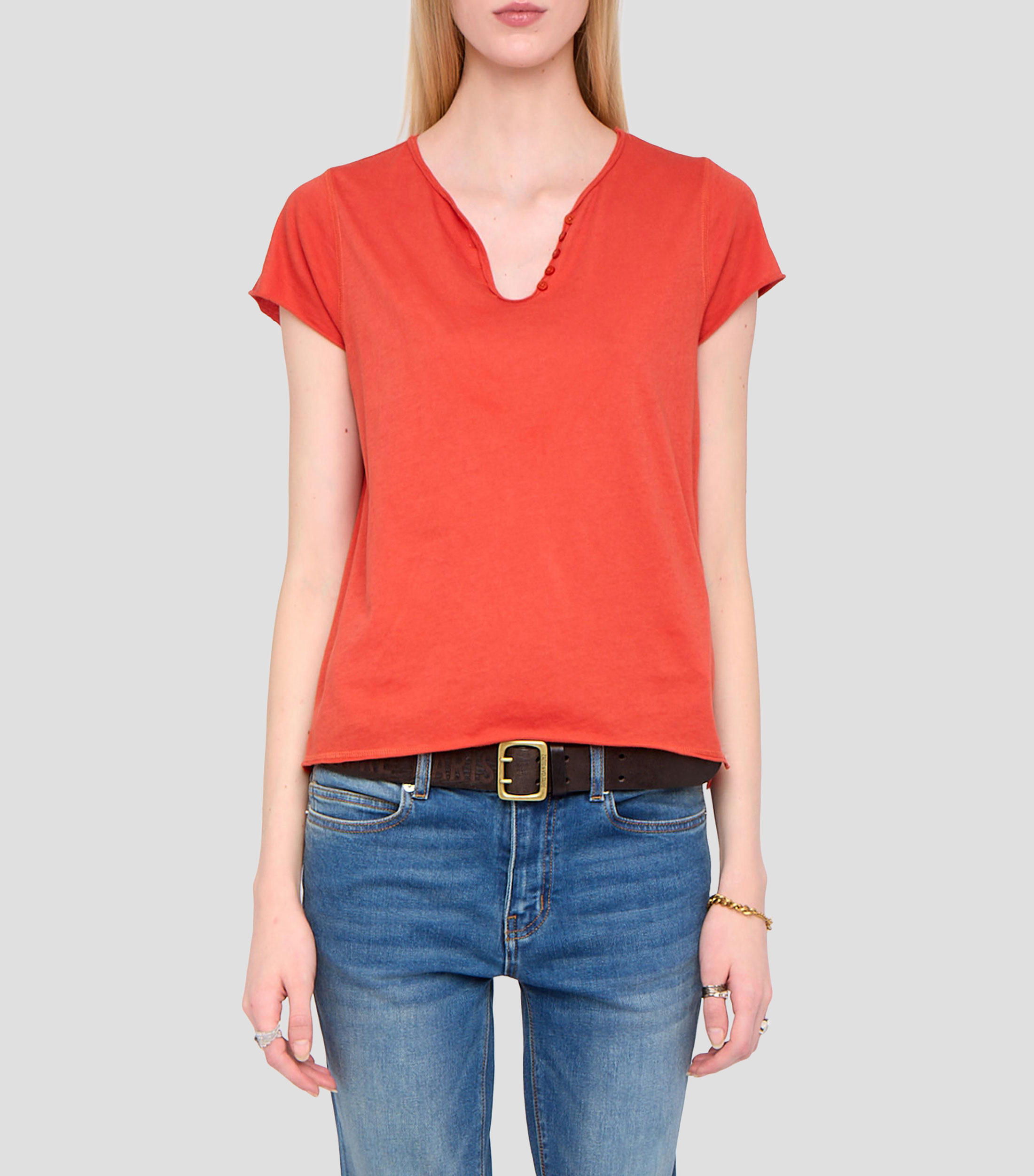 Playera de cuello V con manga corta lisa Mujer