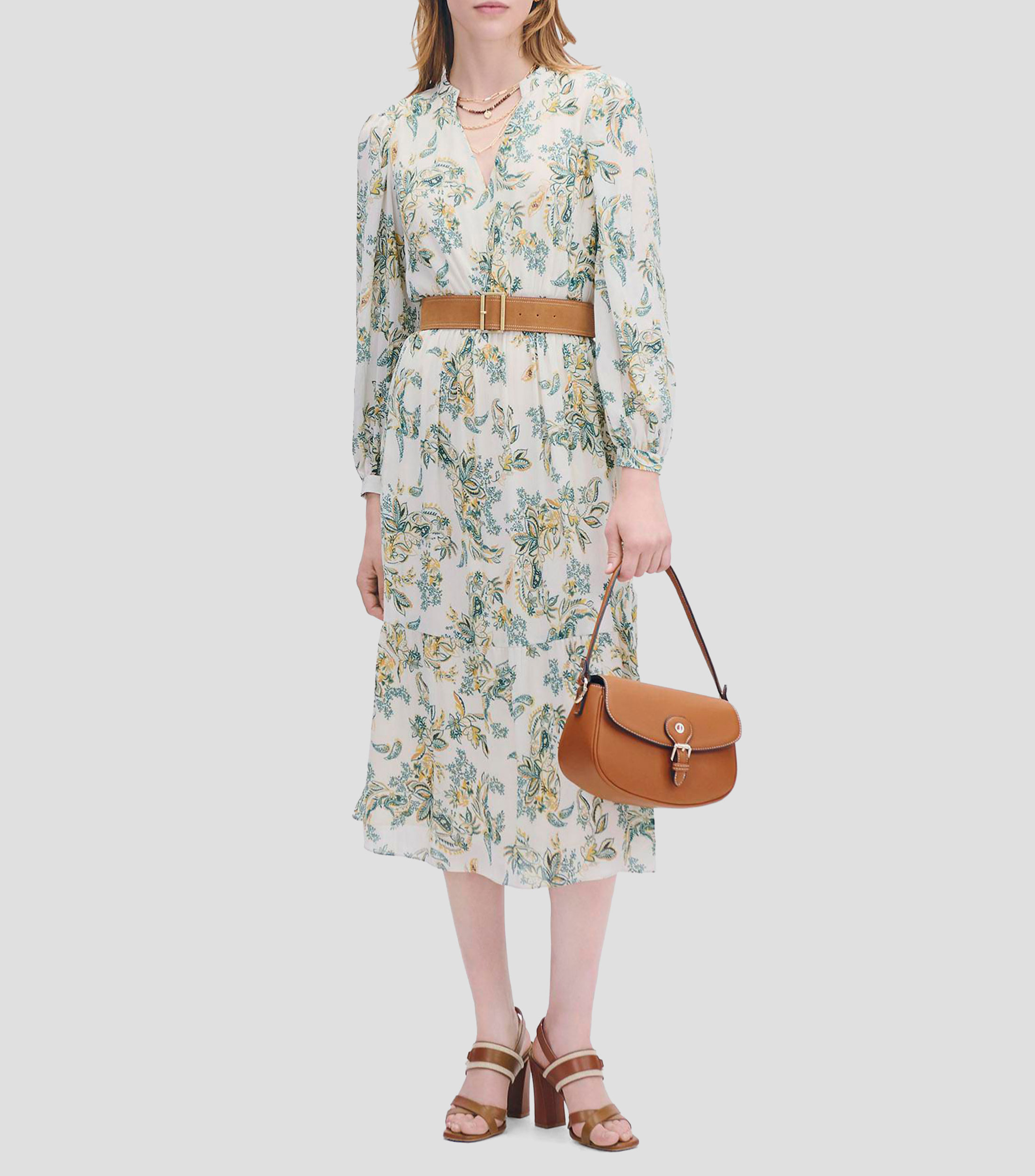 Vestido Midi Chifón Corrugado Ornamental con Cinturón Mujer