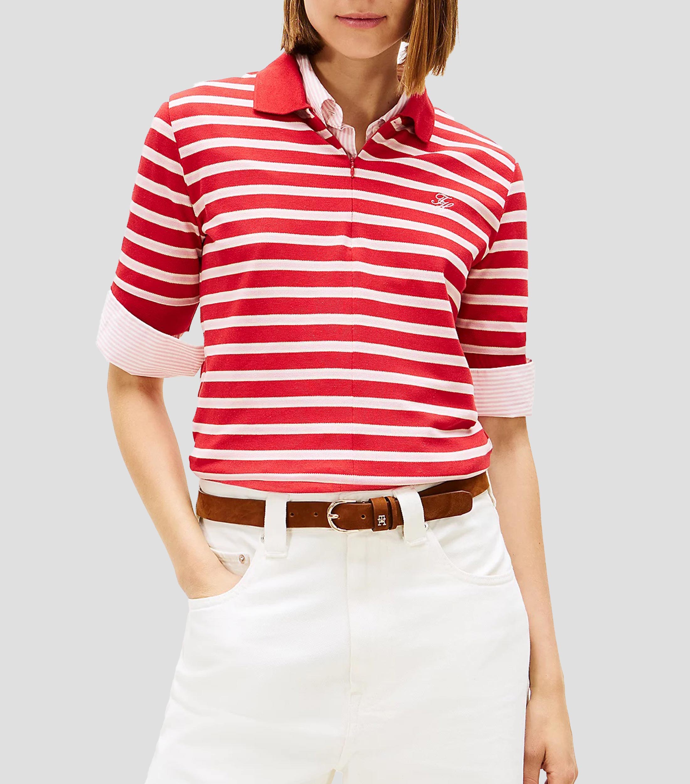 Playera tipo polo manga corta con rayas Mujer