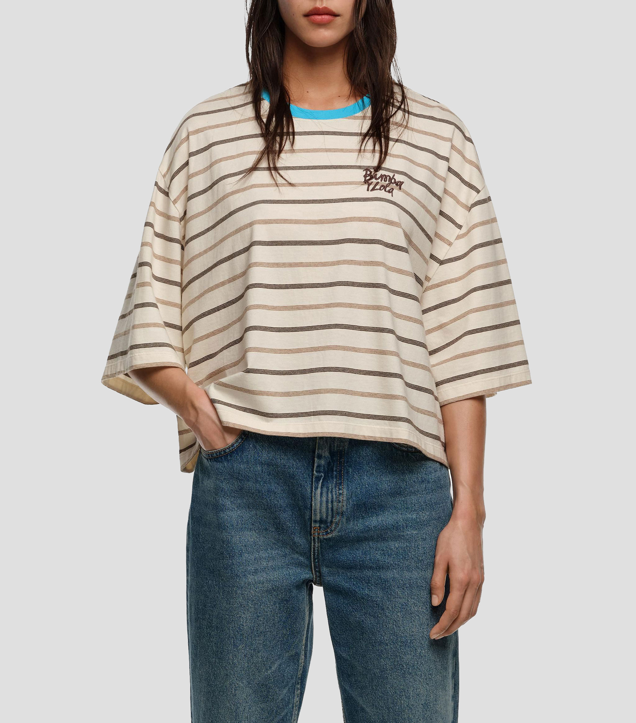 Playera boxy algodón rayas marrones Mujer