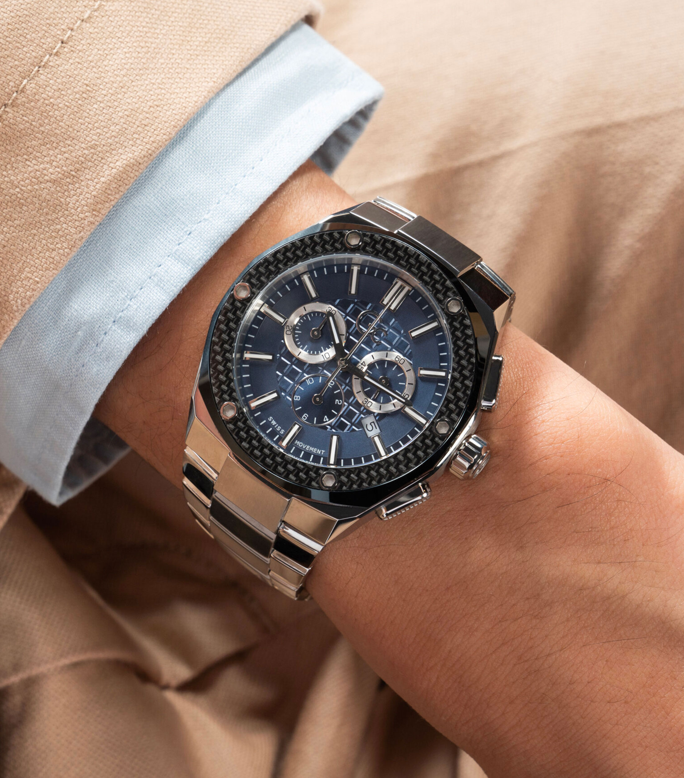 Reloj para Hombre Gc Fiber Casual, Plateado, Azul