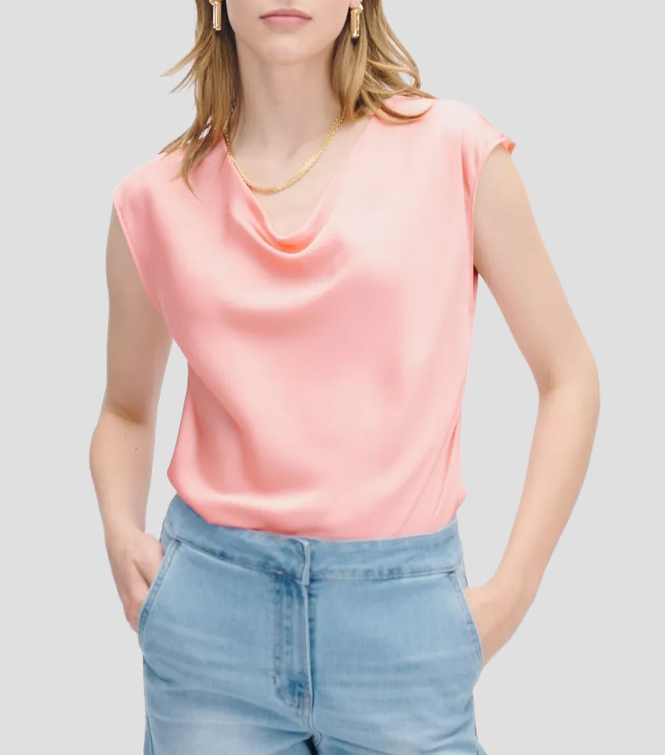 Blusa de satín escote drapeado coral Mujer