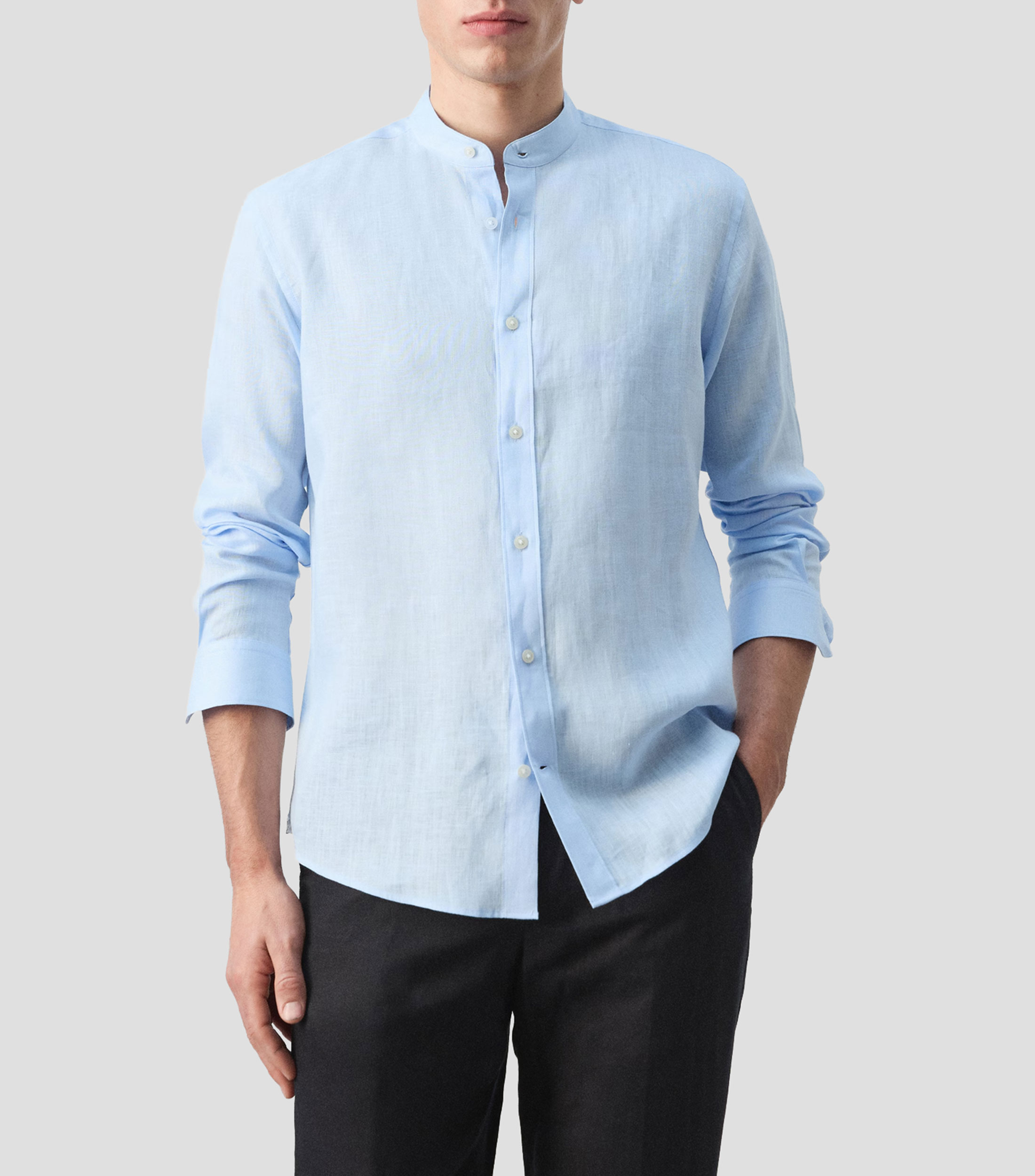 Camisa lisa cuello mao manga larga Hombre
